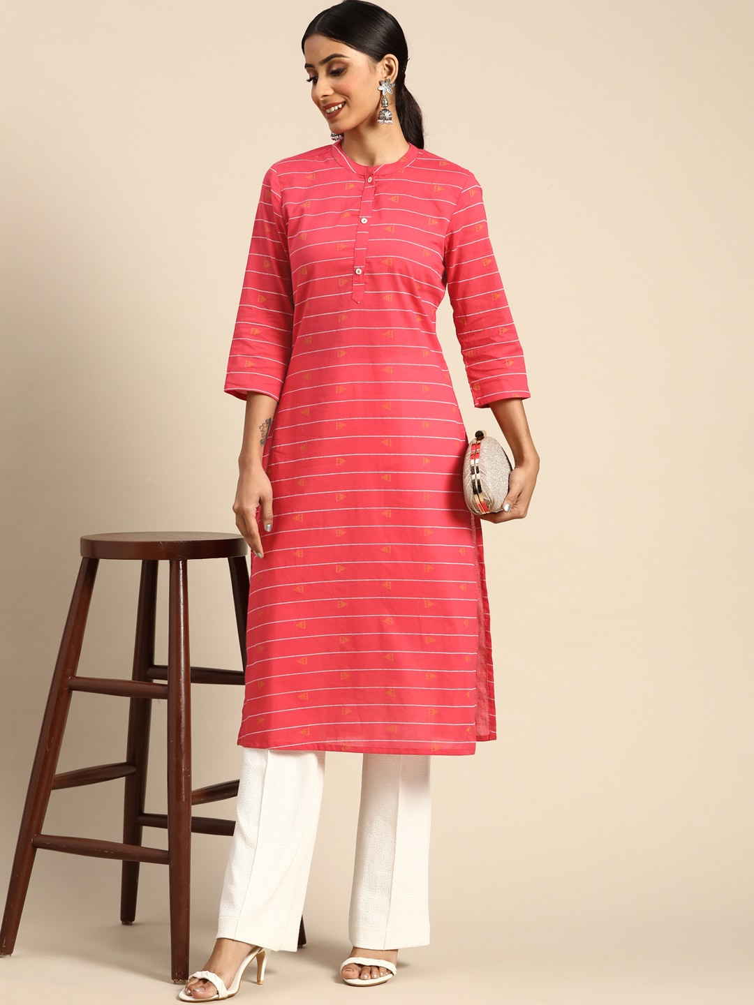 all about you Women Red & Yellow Pure Cotton Ethnic Motifs Kurta Price in India
