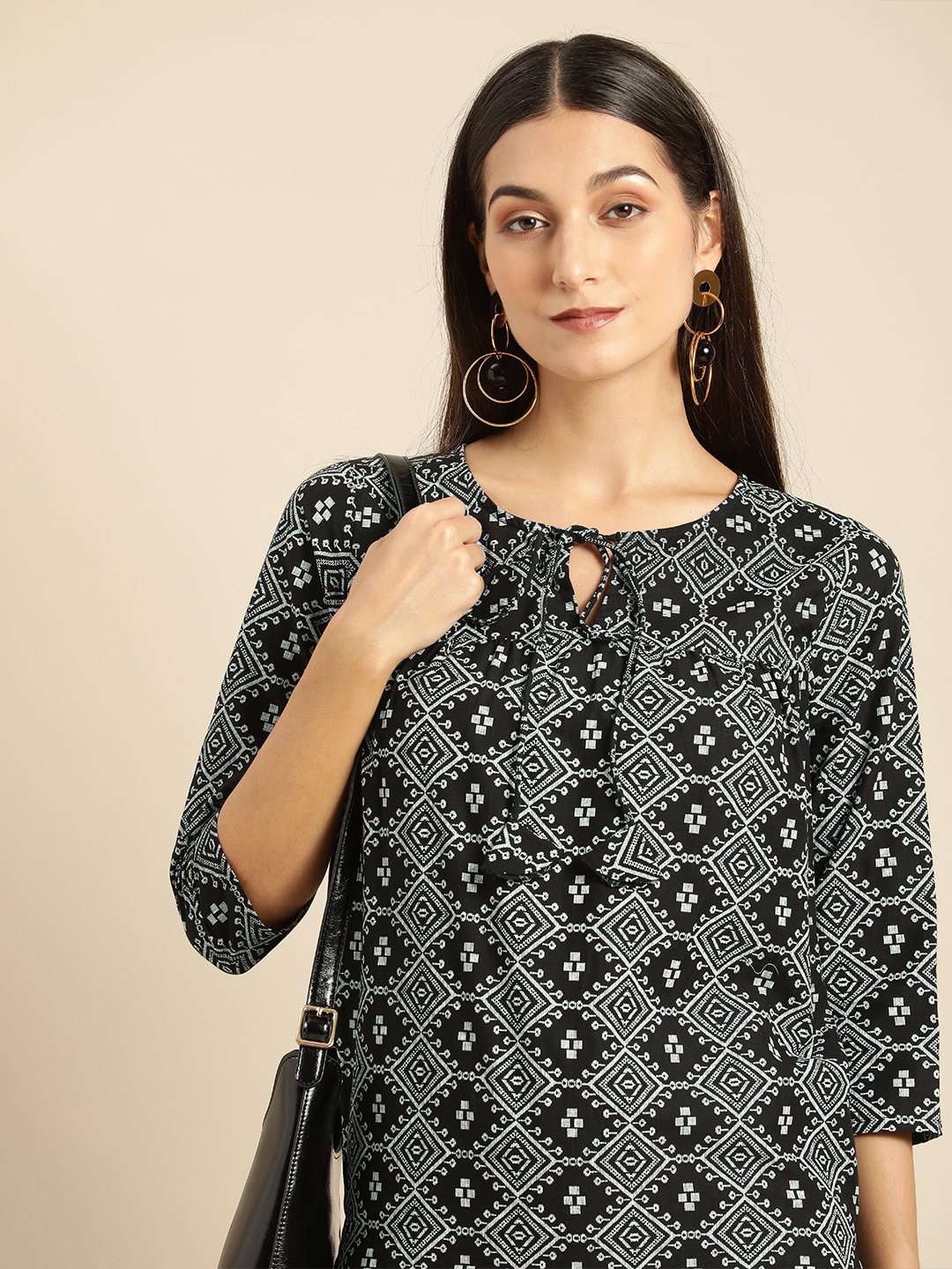 all about you Black & White Geometric Print Tie-Up Neck Pure Cotton Pleated Straight Kurti Price in India