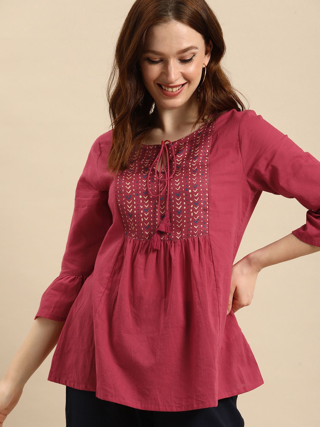 all about you Pink Geometric Yoke Design Pure Cotton A-Line Kurti Price in India