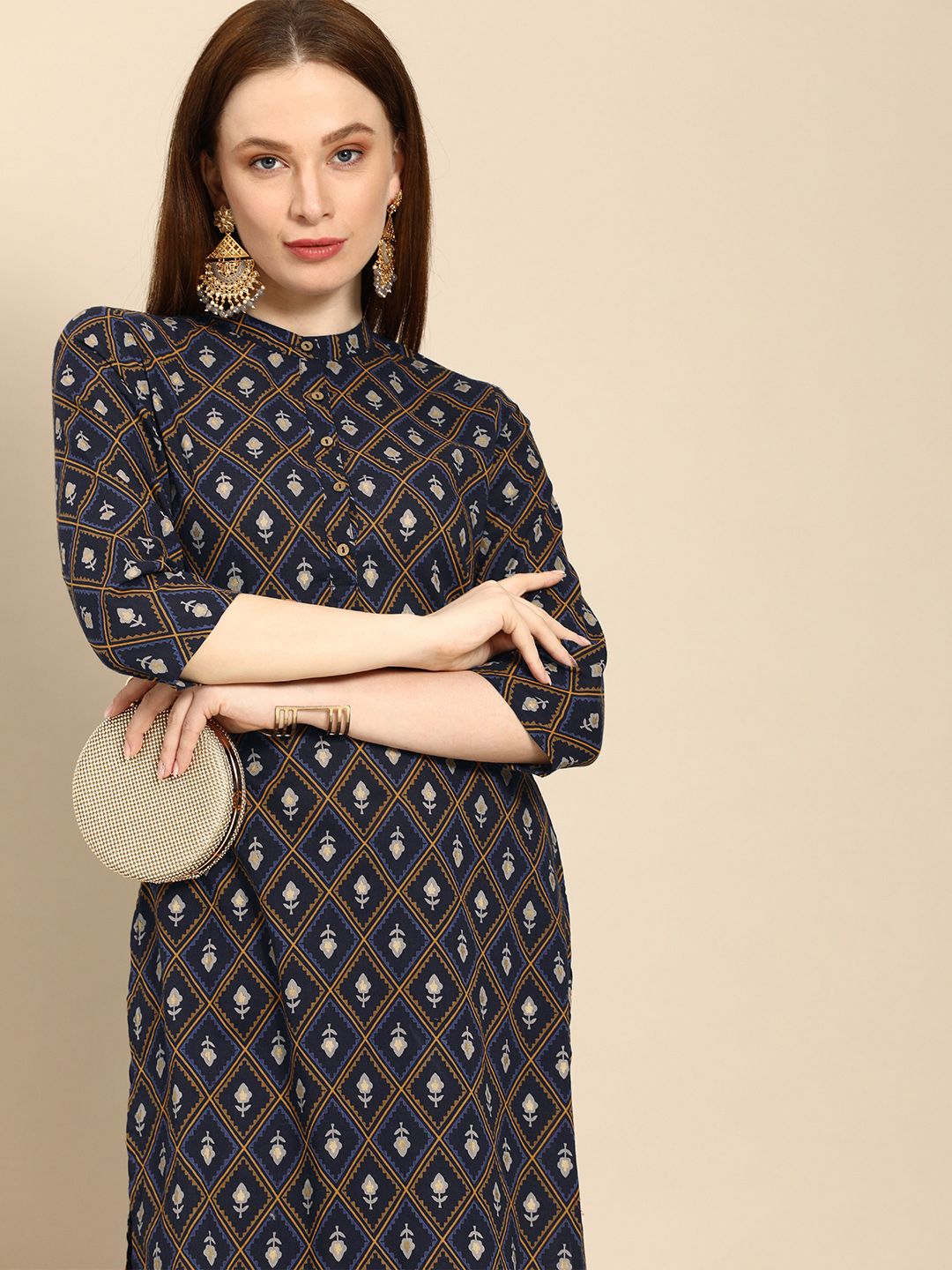 all about you Women Navy Blue Ethnic Motifs Printed Pure Cotton Kurta Price in India