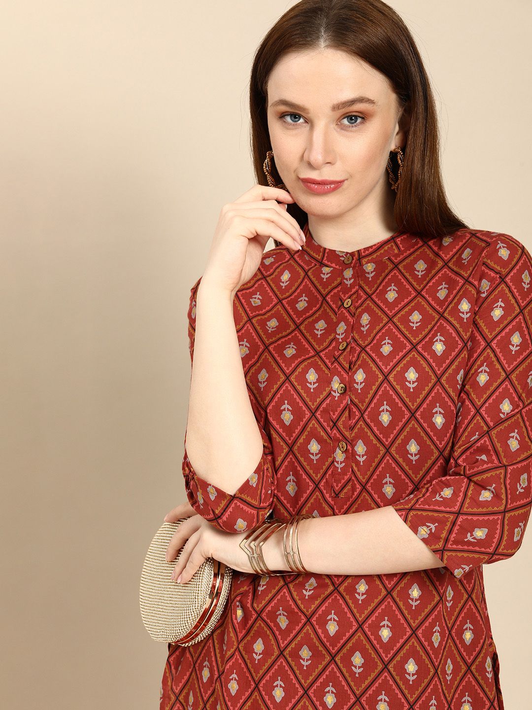 all about you Women Maroon Ethnic Motifs Printed Pure Cotton Kurta Price in India