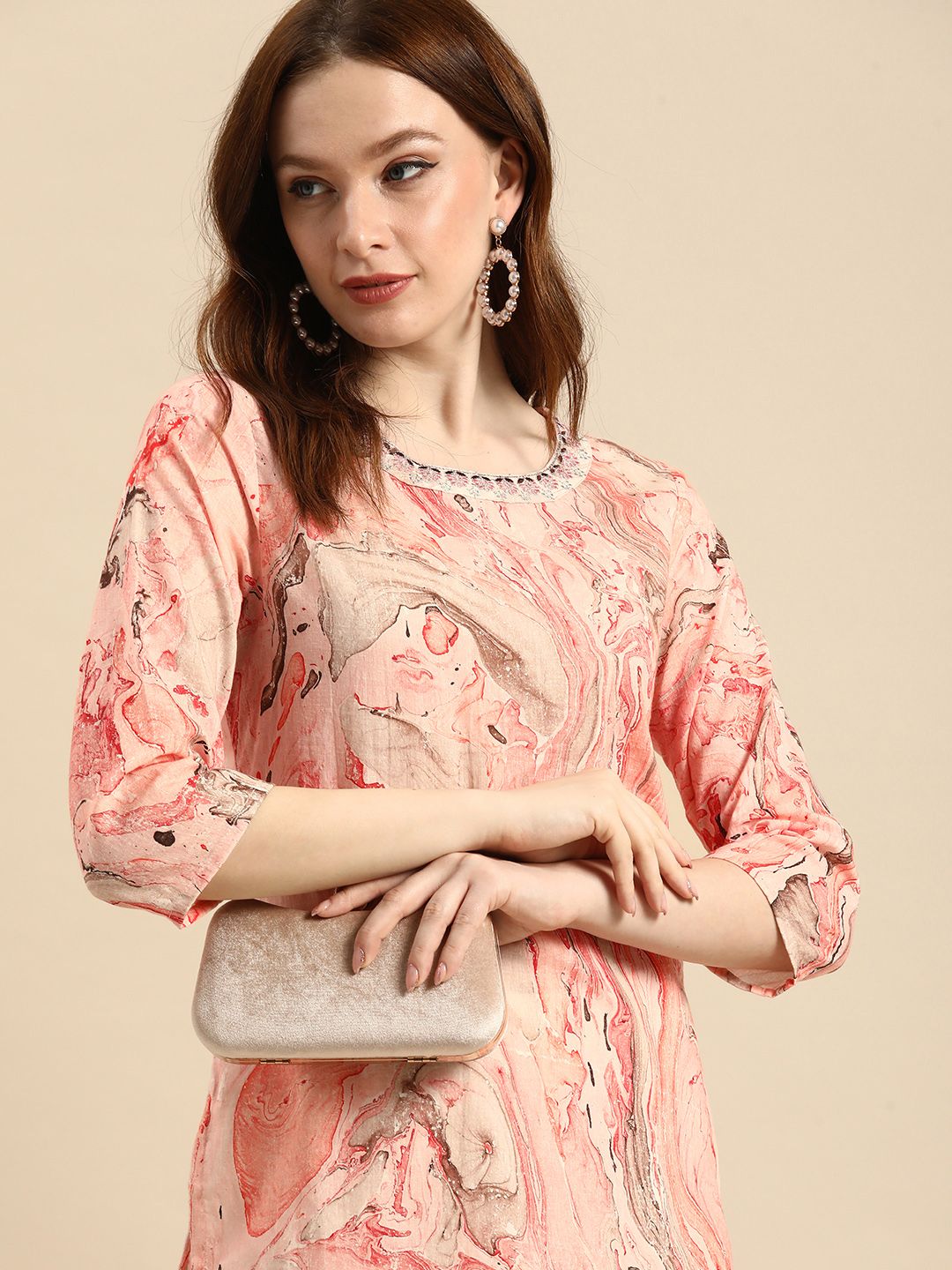 all about you Women Peach-Coloured & Red Printed Pure Cotton Kurta Price in India