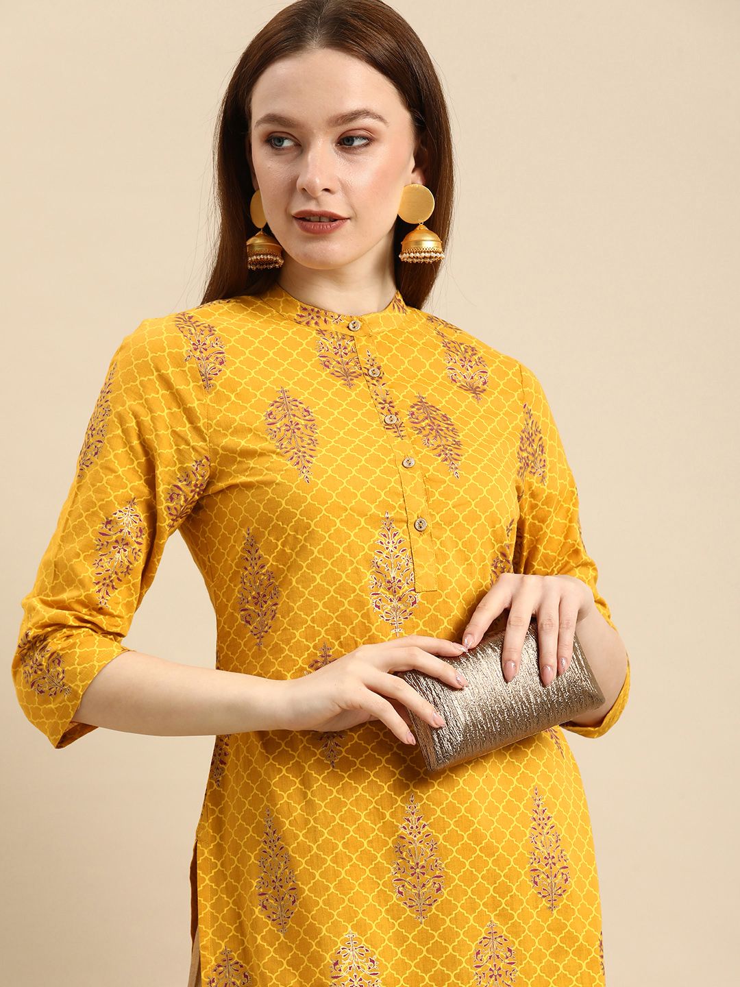 all about you Women Yellow & Pink Ethnic Motifs Printed  Pure Cotton Kurta Price in India
