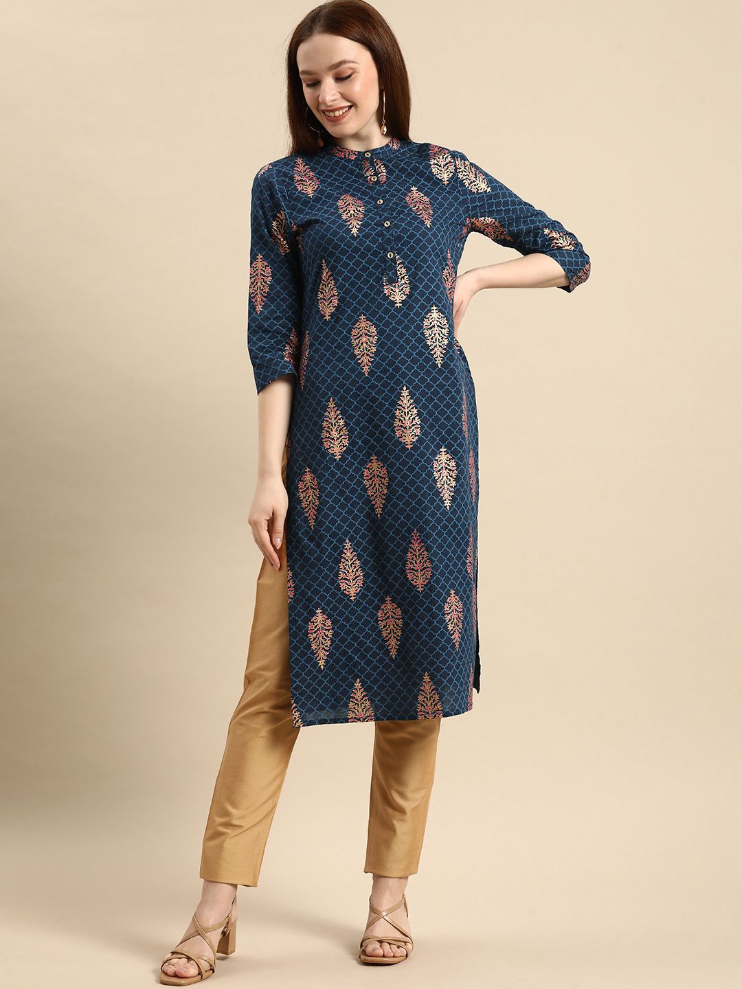 all about you Women Navy Blue & Pink Floral Printed Pure Cotton Kurta Price in India