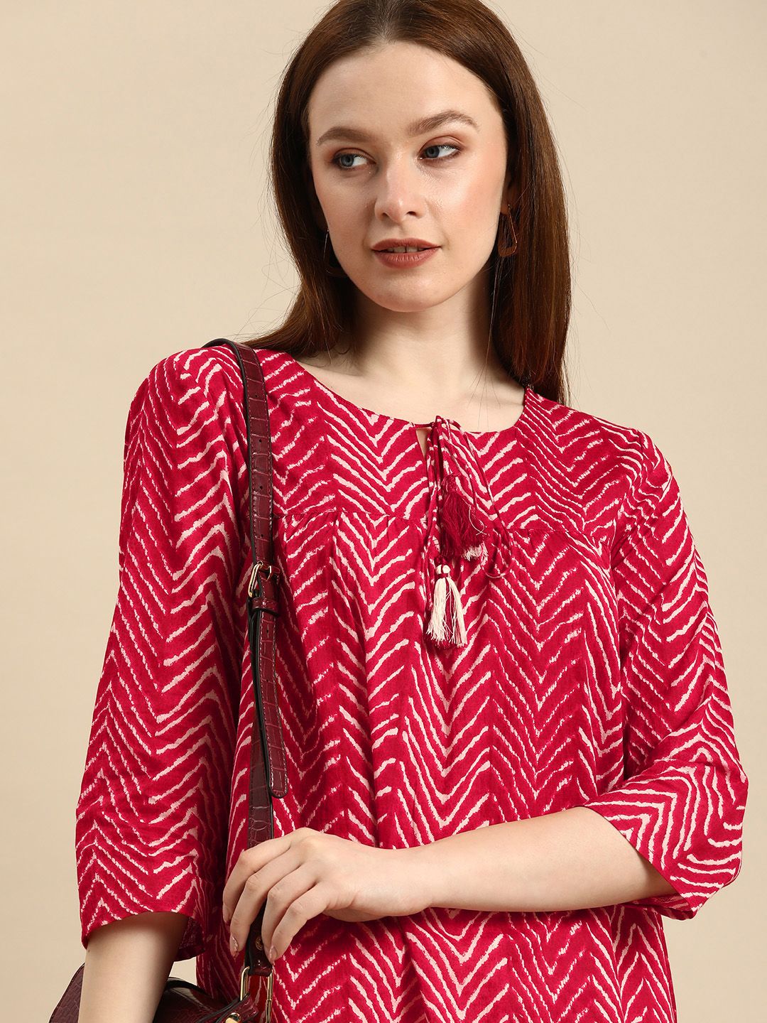all about you Wpomne Red & White Striped Pure Cotton Kurti Price in India