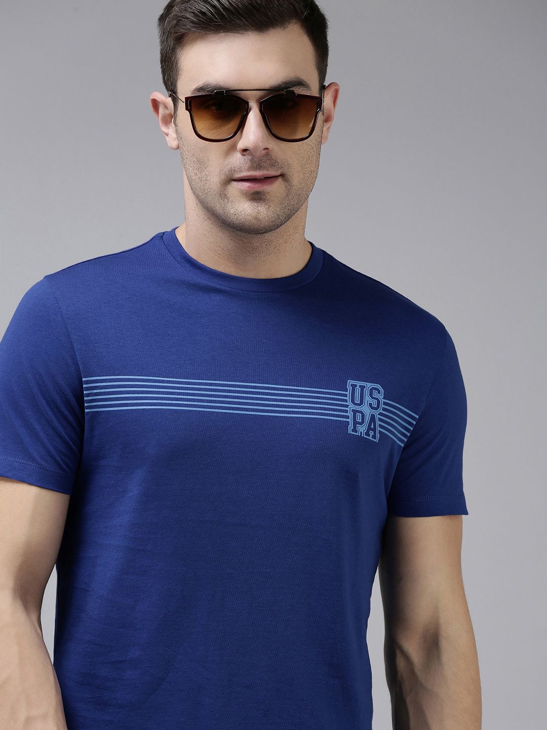 U S Polo Assn Men Navy Blue Striped Pure Cotton T-shirt