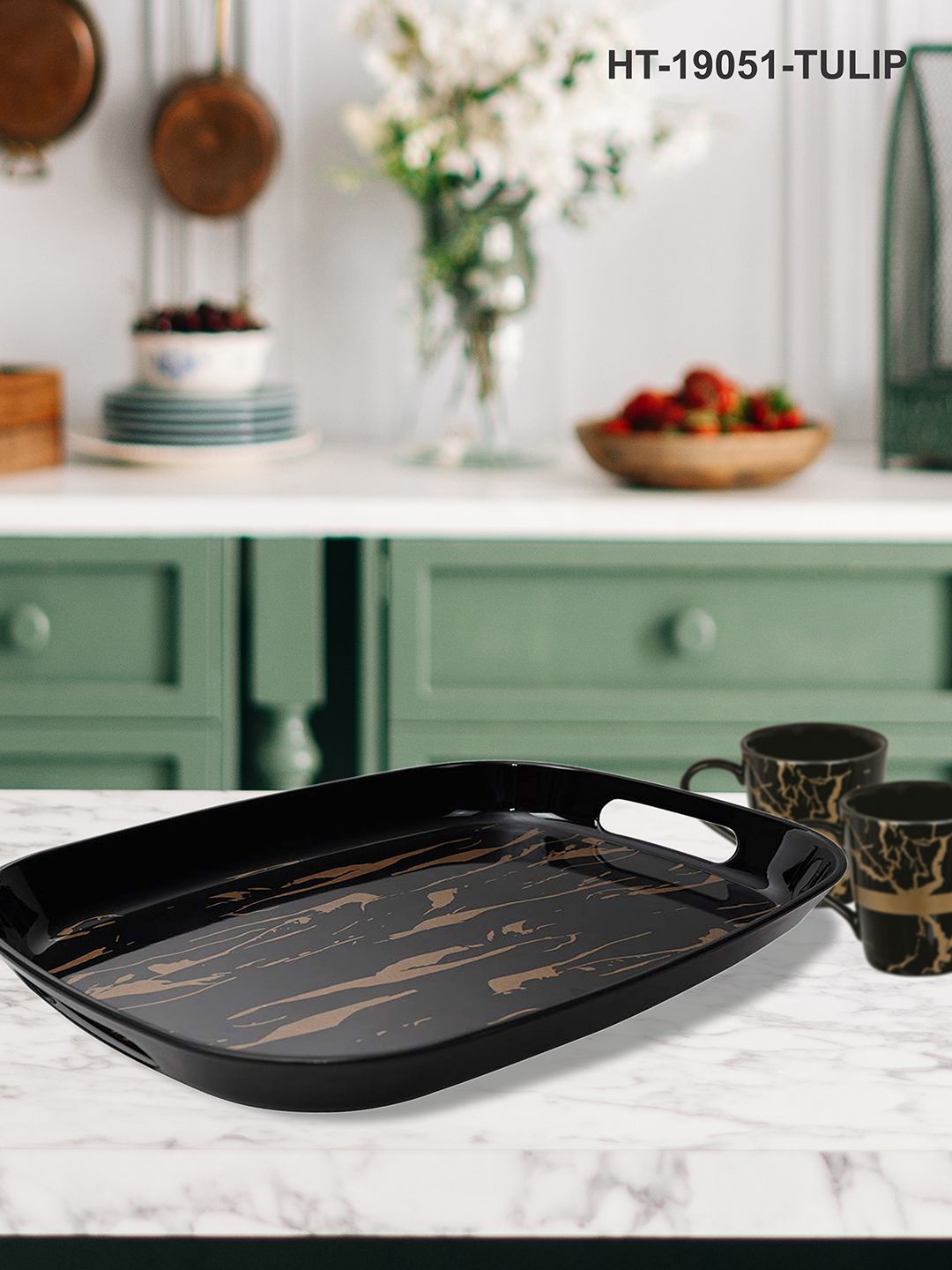 Stehlen Black Printed Melamine Oval Serving Tray With Handle Price in India