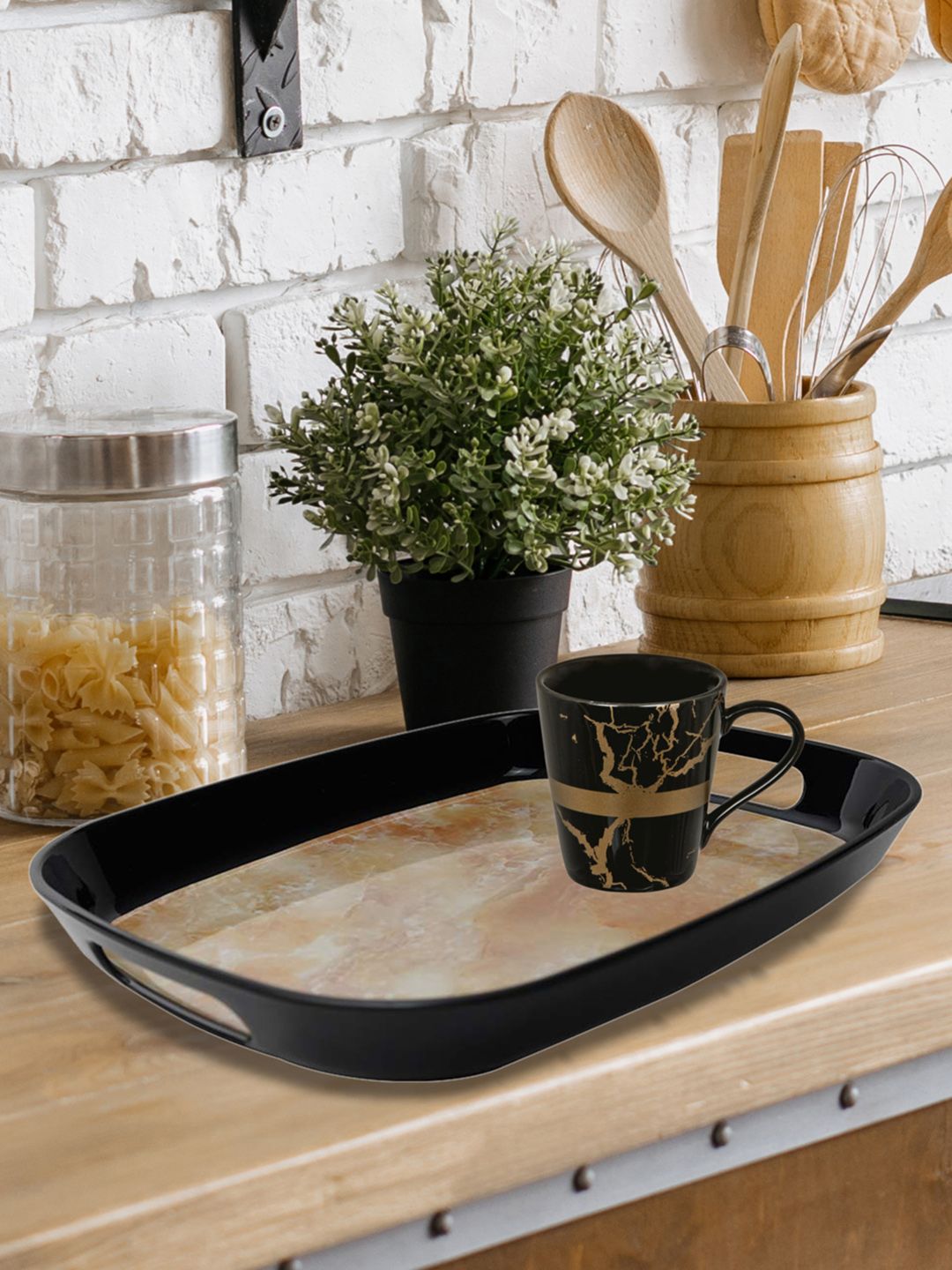 Stehlen Melamine Black & Brown Oval Serving Tray with Handle Price in India