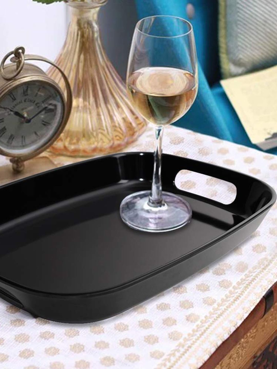 Stehlen Black Solid Oval Tray With Handle Price in India