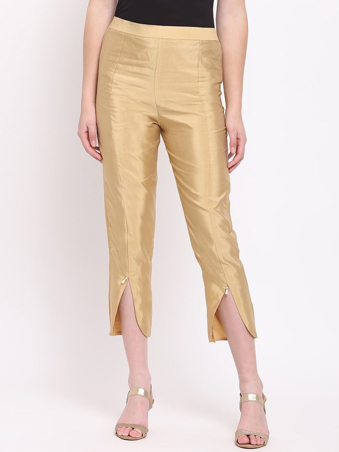 RIVI Women Gold-Toned  Solid Mid Rise Cigarette Trousers Price in India