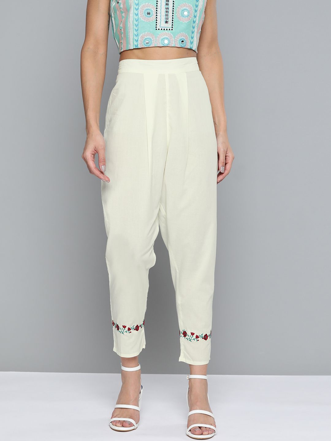 HERE&NOW Women Cream-Coloured Slim Fit Trousers Price in India