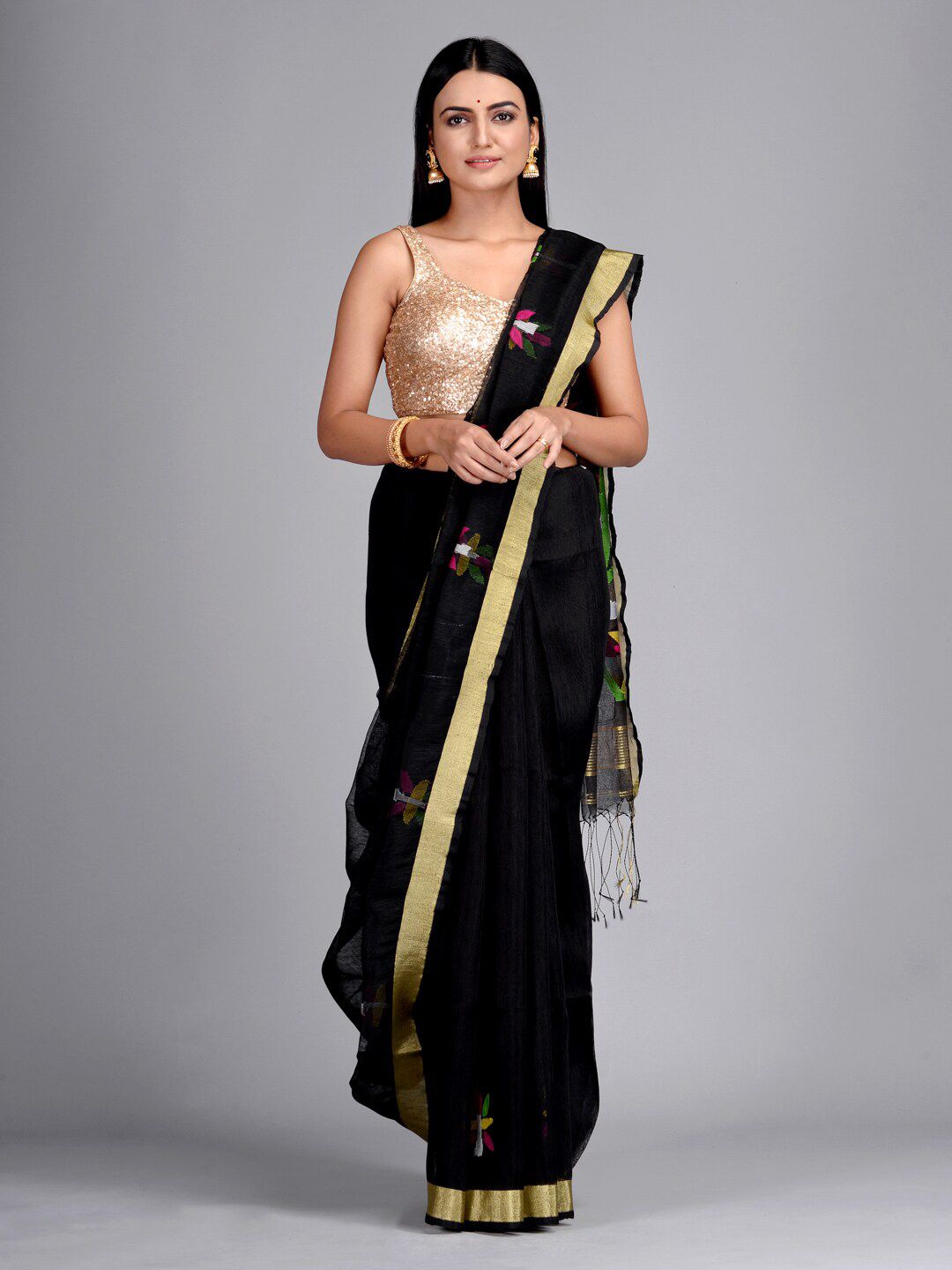 Mitera Black & Green Floral Pure Silk Saree Price in India