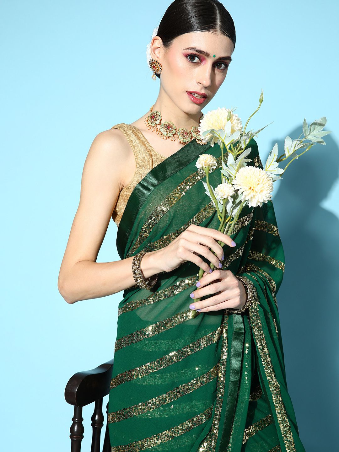 Mitera Green Striped Sequinned Saree Price in India