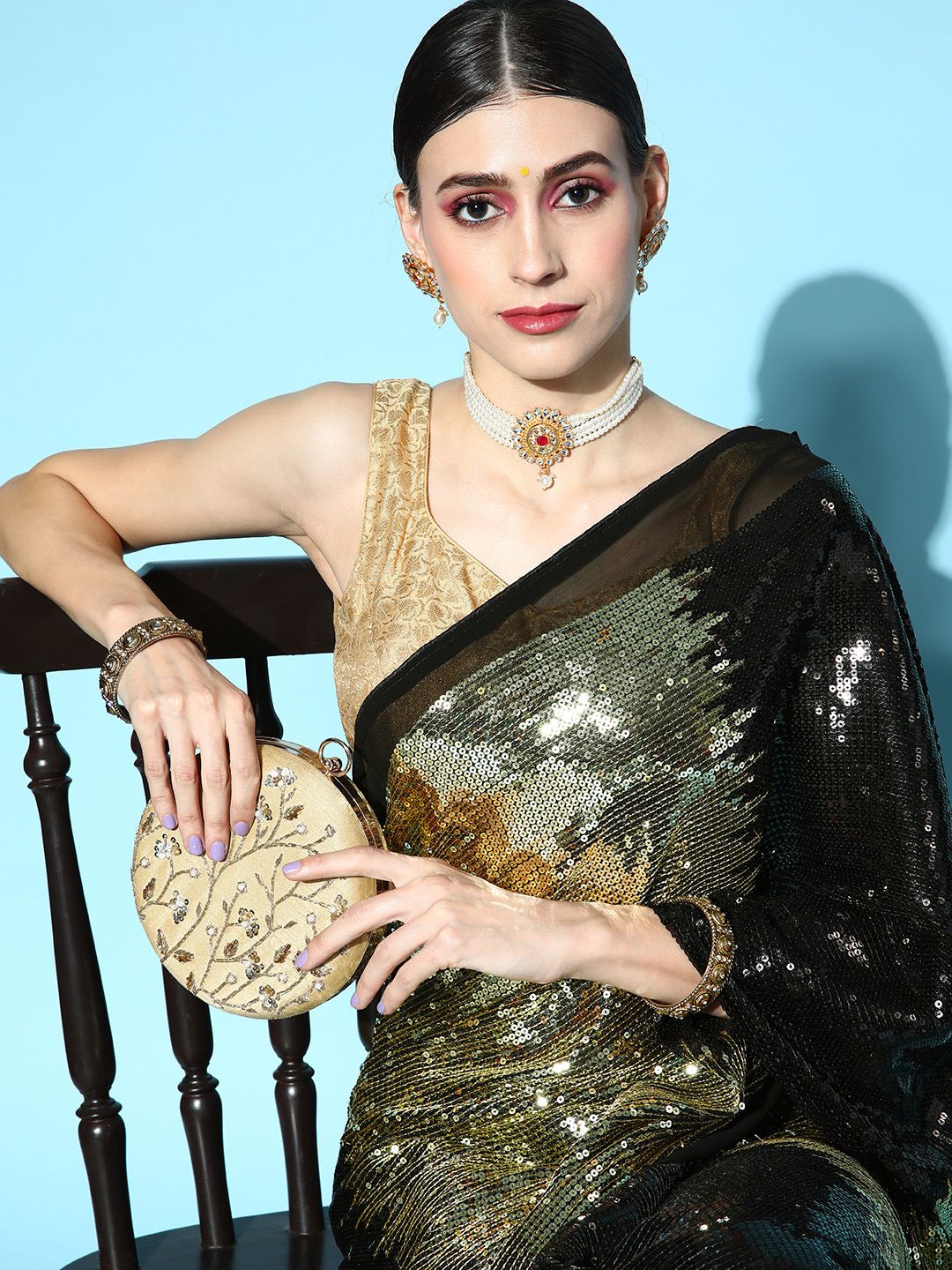 Mitera Black & Golden Embellished Sequinned Saree Price in India