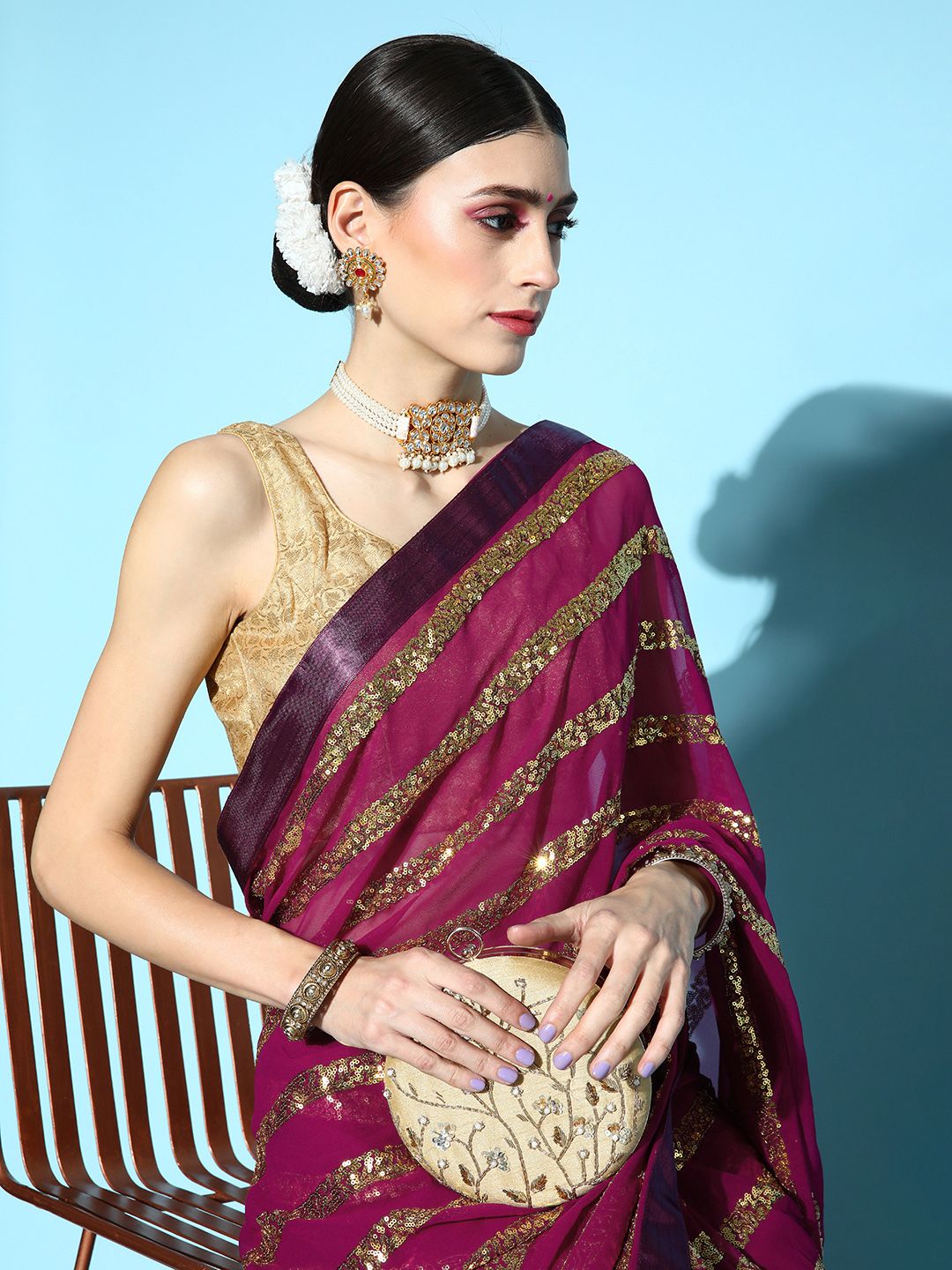 Mitera Burgundy Striped Sequinned Saree Price in India