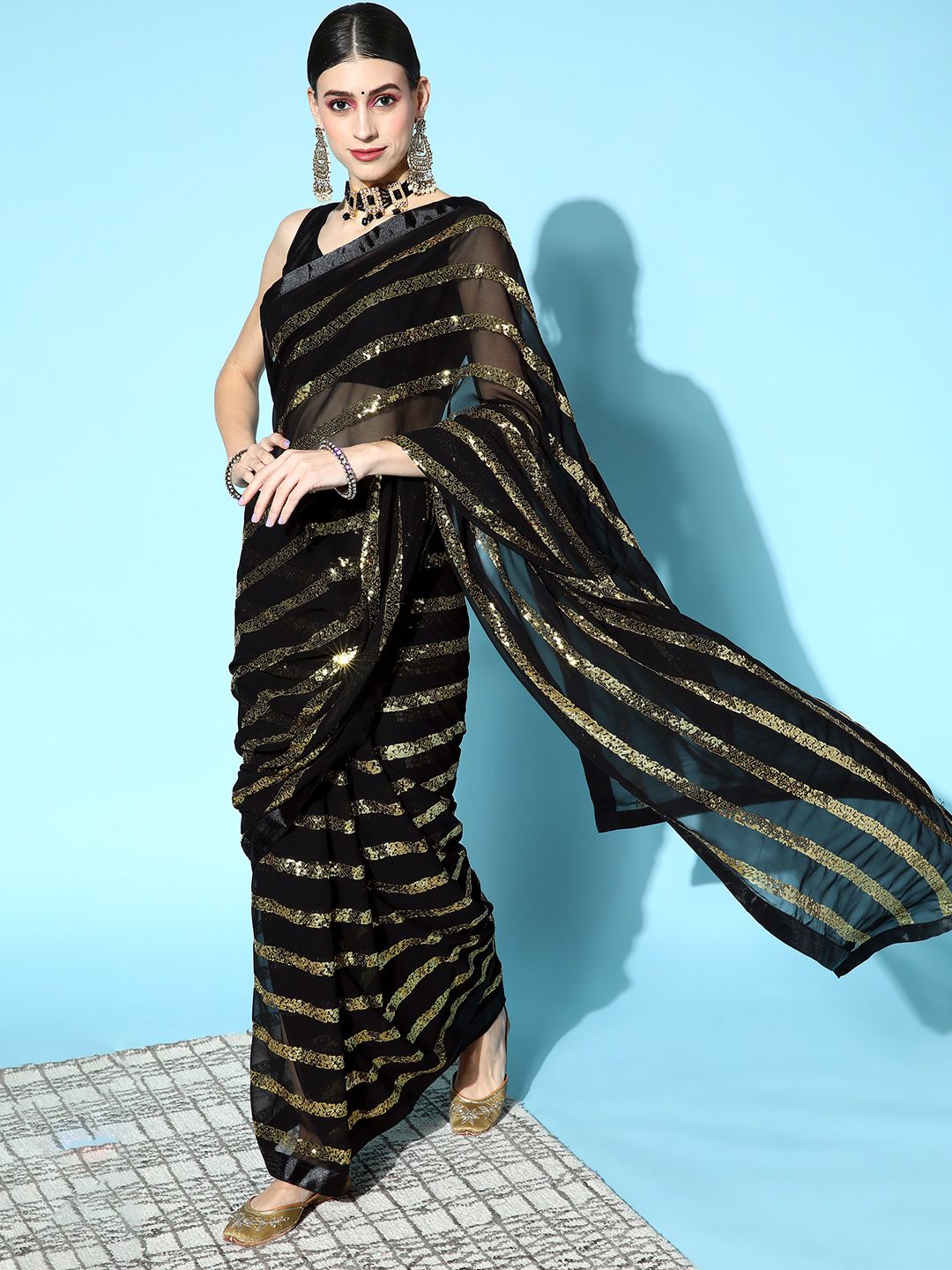 Mitera Black Striped Sequinned Saree Price in India