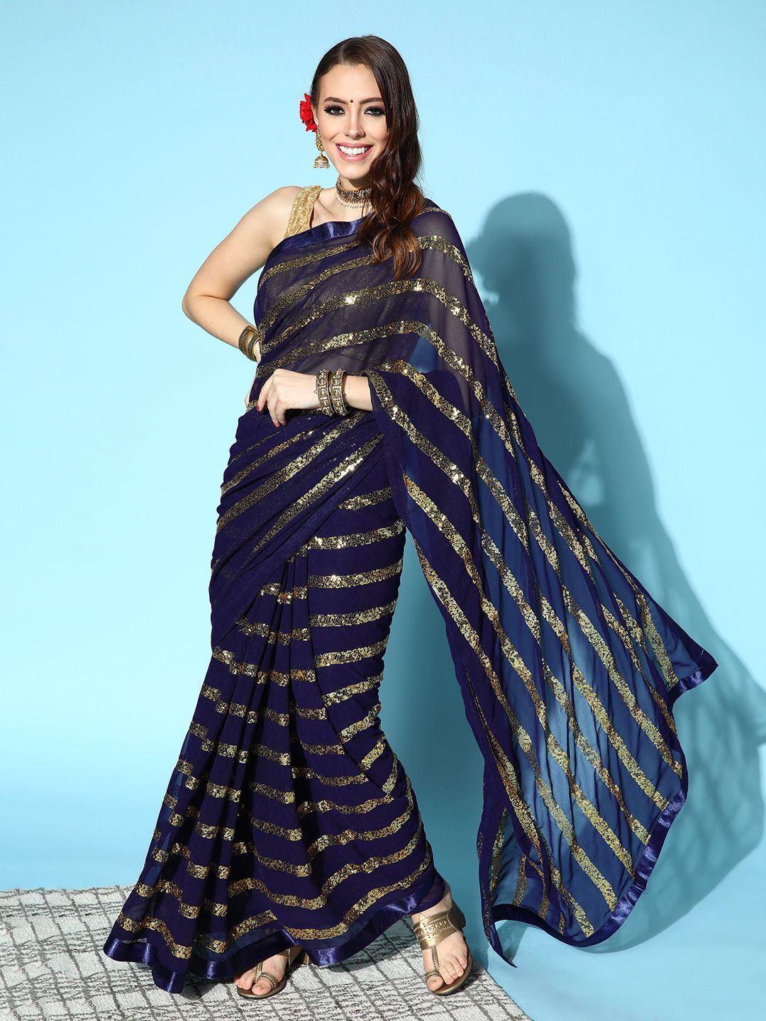 Mitera Navy Blue Striped Sequinned Saree Price in India