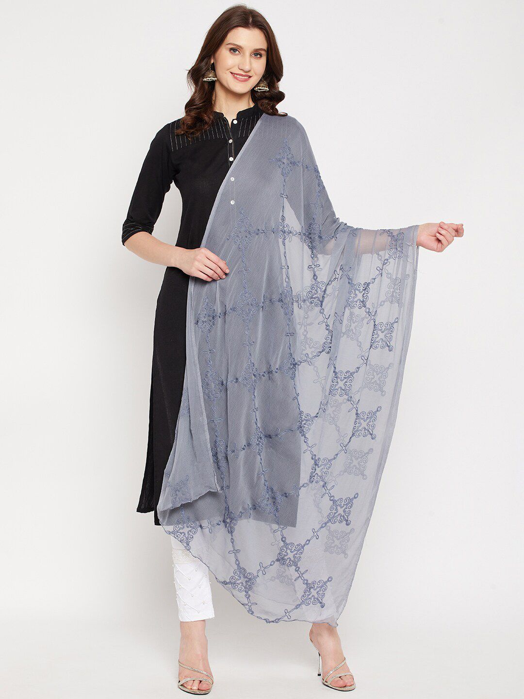 Clora Creation Grey Embroidered Dupatta with Thread Work