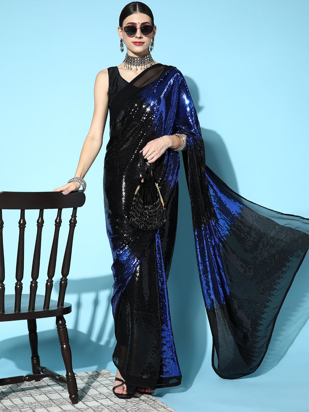 Mitera Black & Blue Embellished Sequinned Saree Price in India