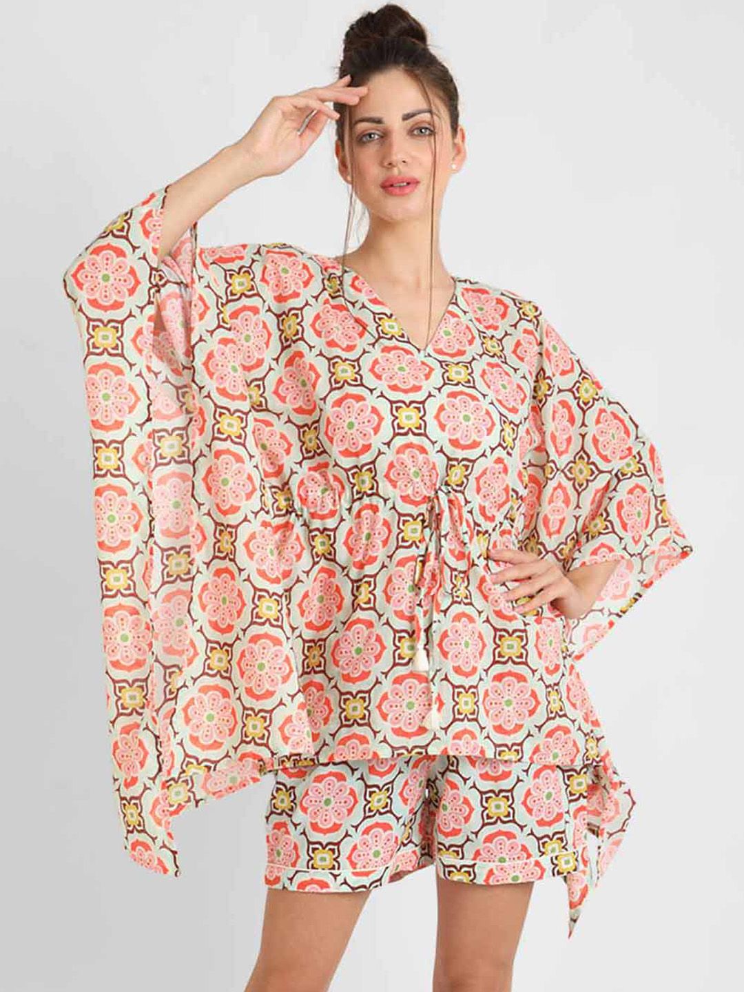 KOOCHI POOCHI Women White & Pink Printed Pure Cotton Kaftan Night suit Price in India