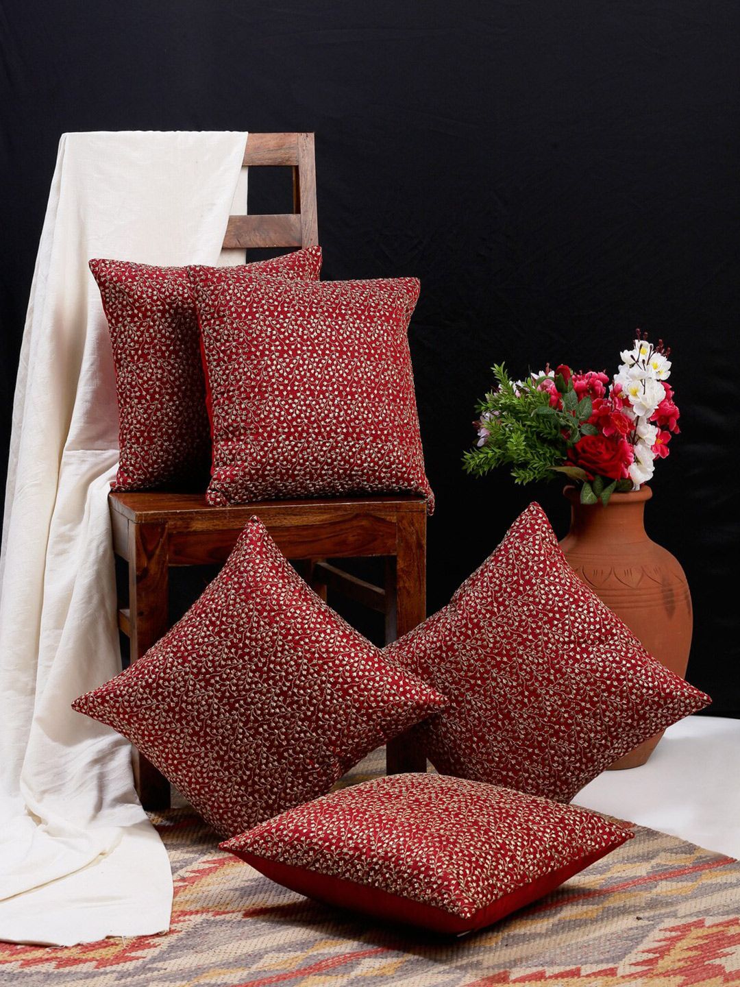 HOSTA HOMES Multicoloured Set of 5 Embroidered Square Cushion Covers Price in India