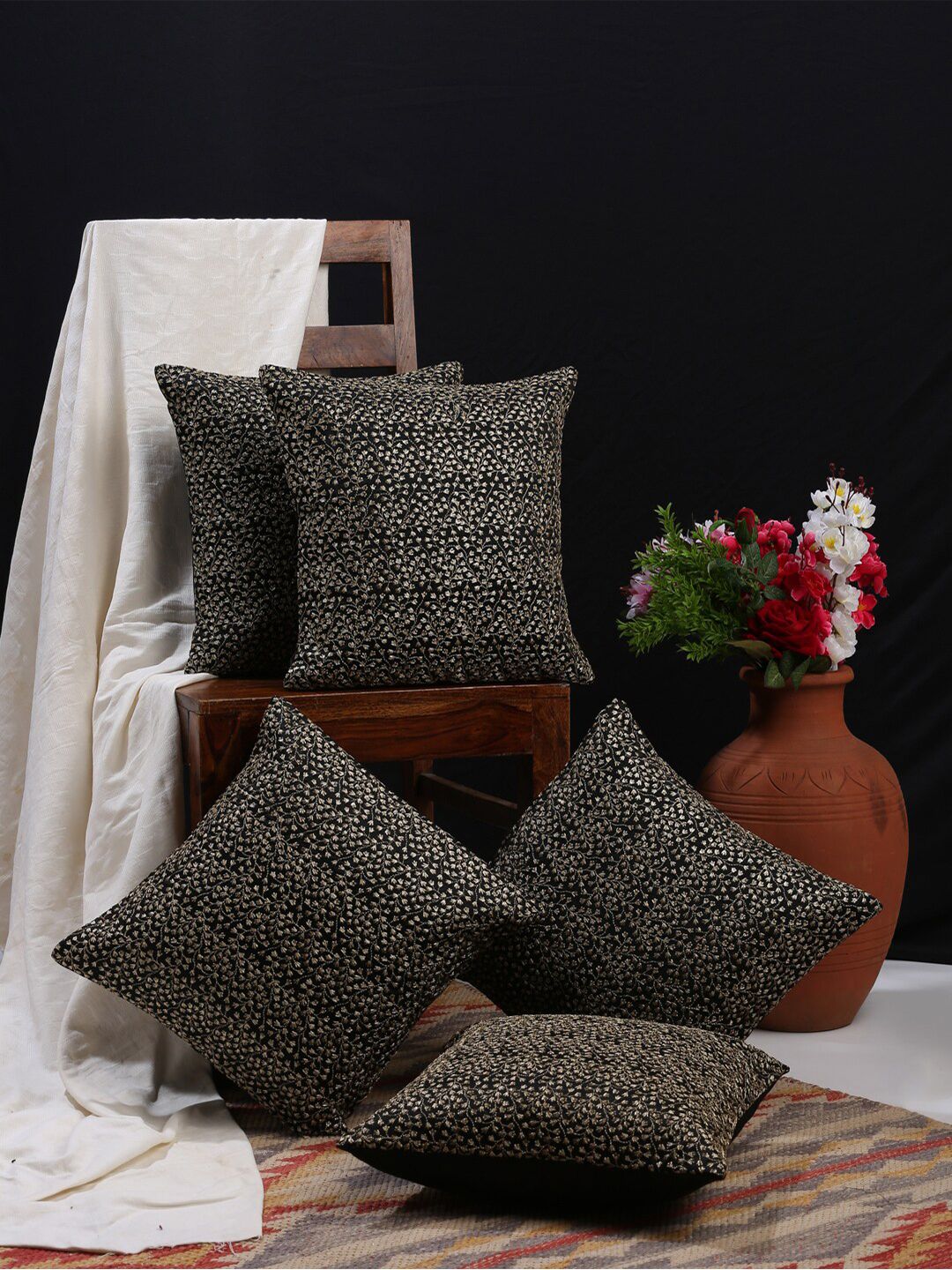 HOSTA HOMES Black & Gold-Toned Set of 5 Embroidered Square Cushion Covers Price in India