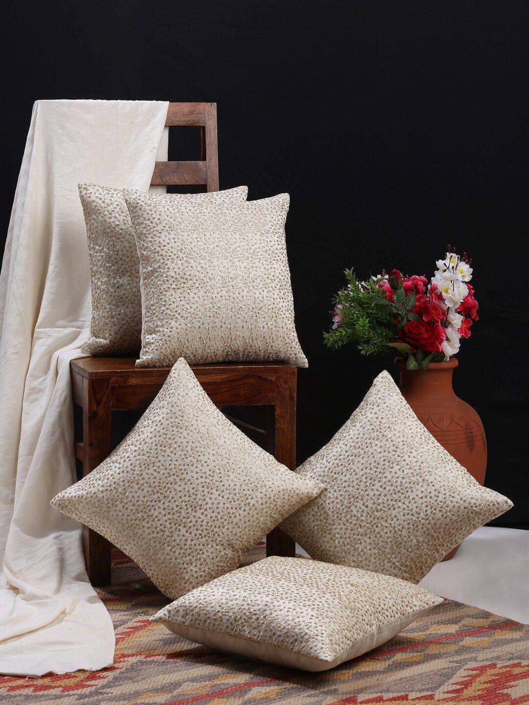 HOSTA HOMES Cream-Coloured & Gold-Toned Set of 5 Embroidered Square Cushion Covers Price in India