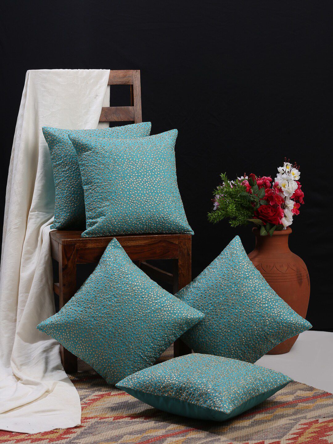 HOSTA HOMES Set of 5 Turquoise Blue & Gold-Toned Embroidered Square Cushion Covers Price in India