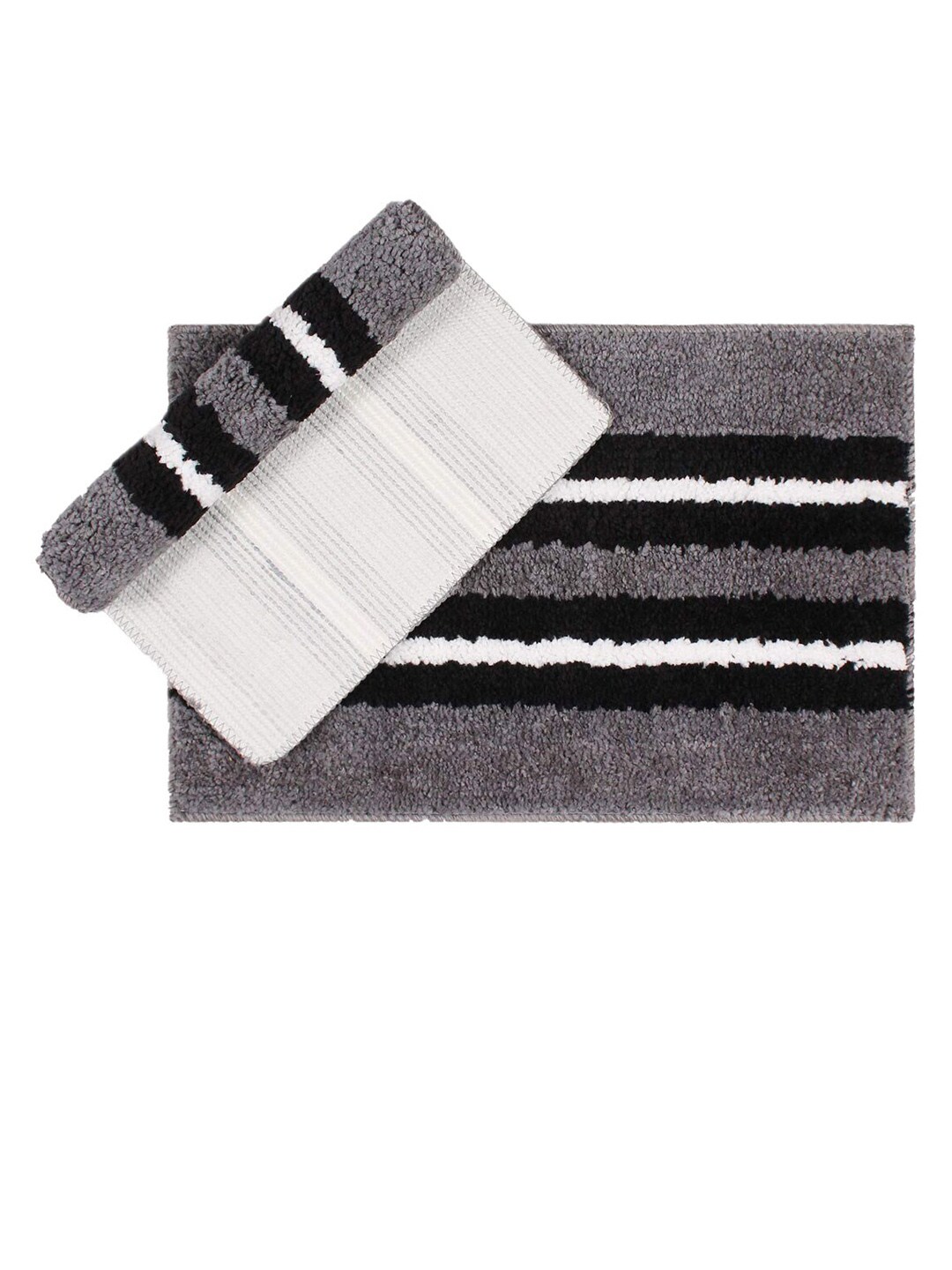 LUXEHOME INTERNATIONAL Set of 2 Grey & White Stripped Bath Rugs Price in India