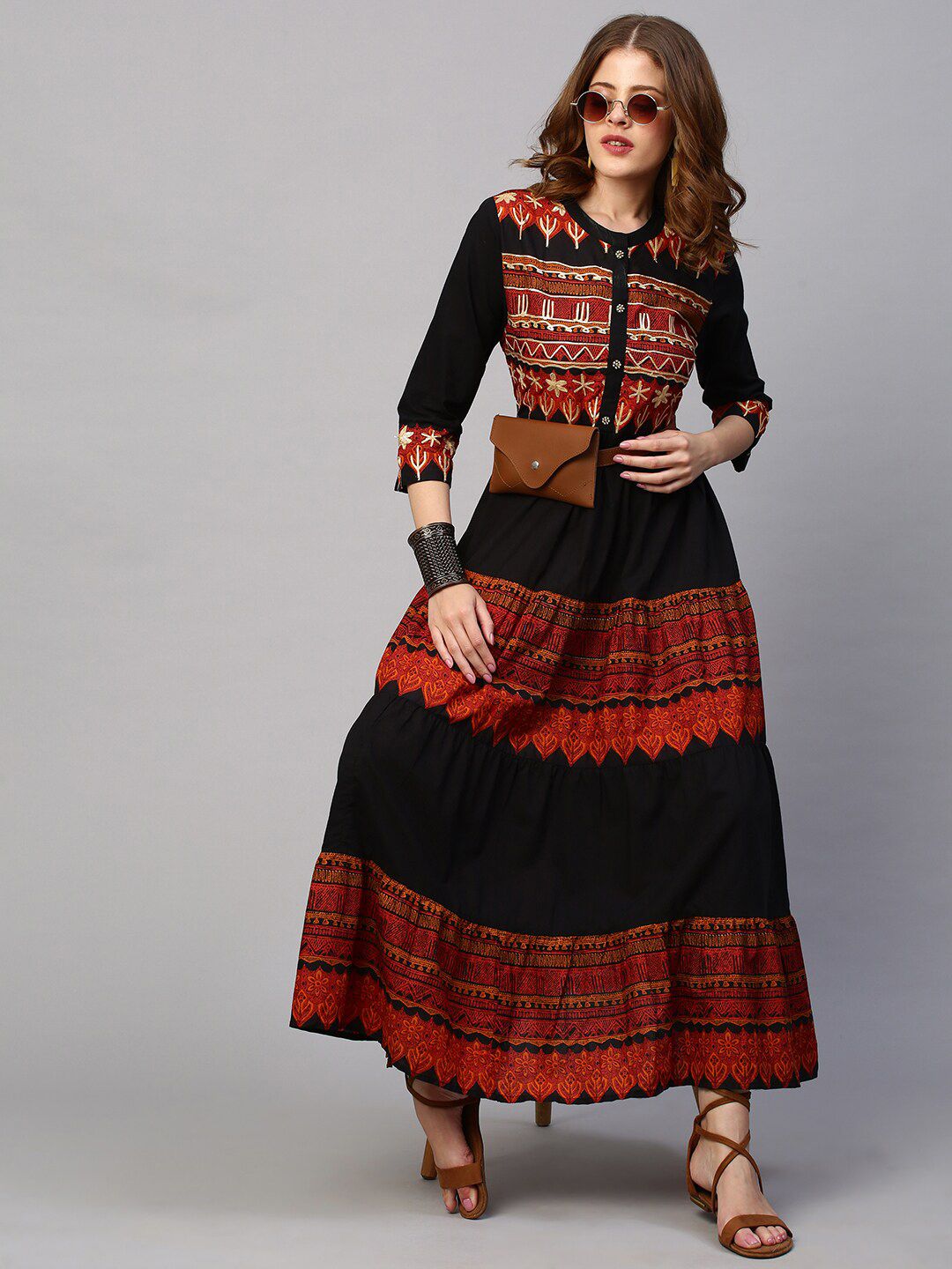 FASHOR Black Ethnic Motifs Georgette Maxi Dress Price in India