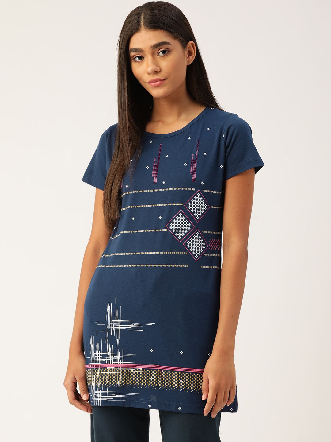 BROOWL Women Navy Blue & White Geometric Printed Pure Cotton Longline Lounge T-Shirt Price in India