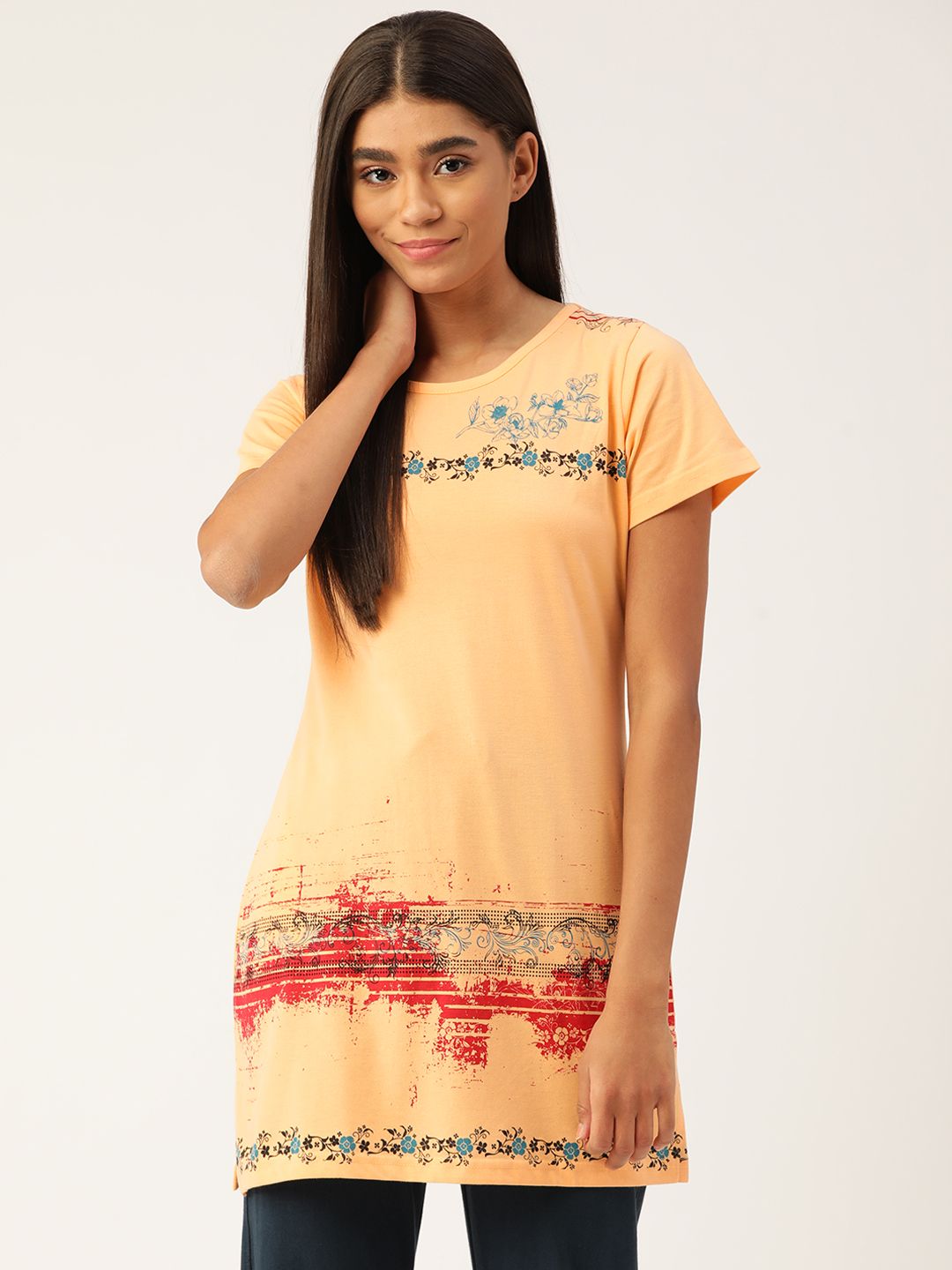 BROOWL Women Yellow & Black Floral Printed Pure Cotton Longline Lounge T-Shirt Price in India