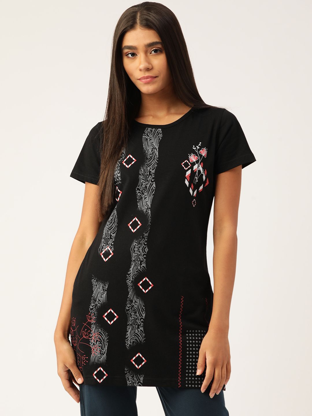 BROOWL Women Black & White Ethnic Motifs Printed Pure Cotton Longline Lounge T-Shirt Price in India