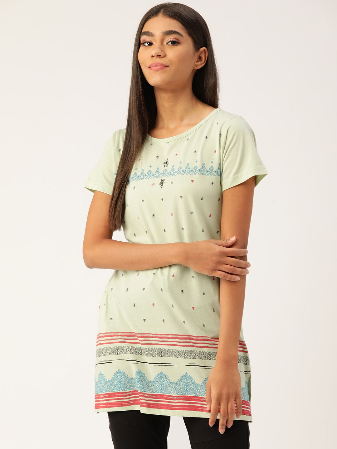 BROOWL Women Green & Blue Ethnic Motifs Printed Pure Cotton Longline Lounge T-Shirt Price in India