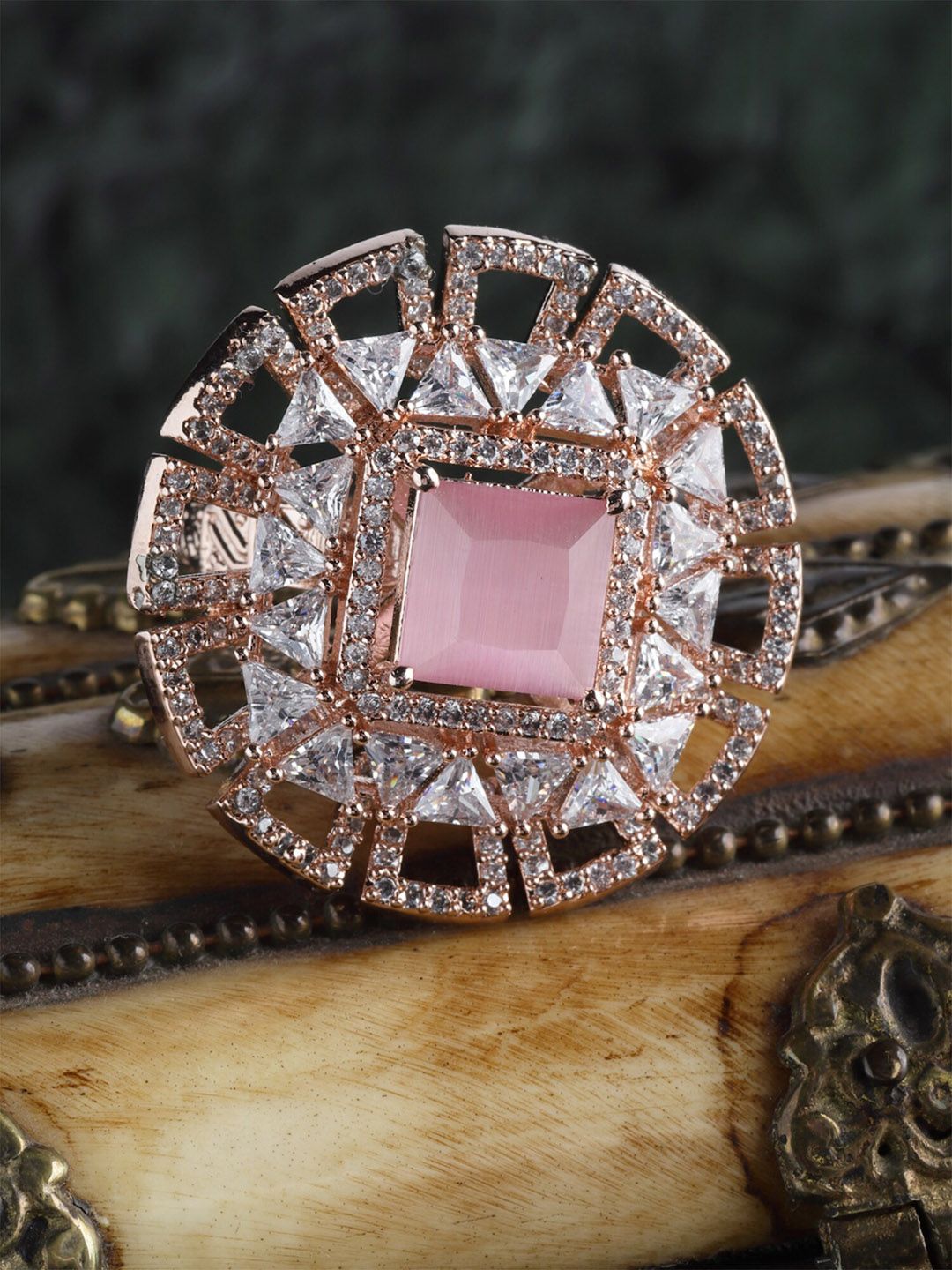 KARATCART Rose Gold-Plated Pink & White Cubic Zirconia Studded Handcrafted Finger Ring Price in India