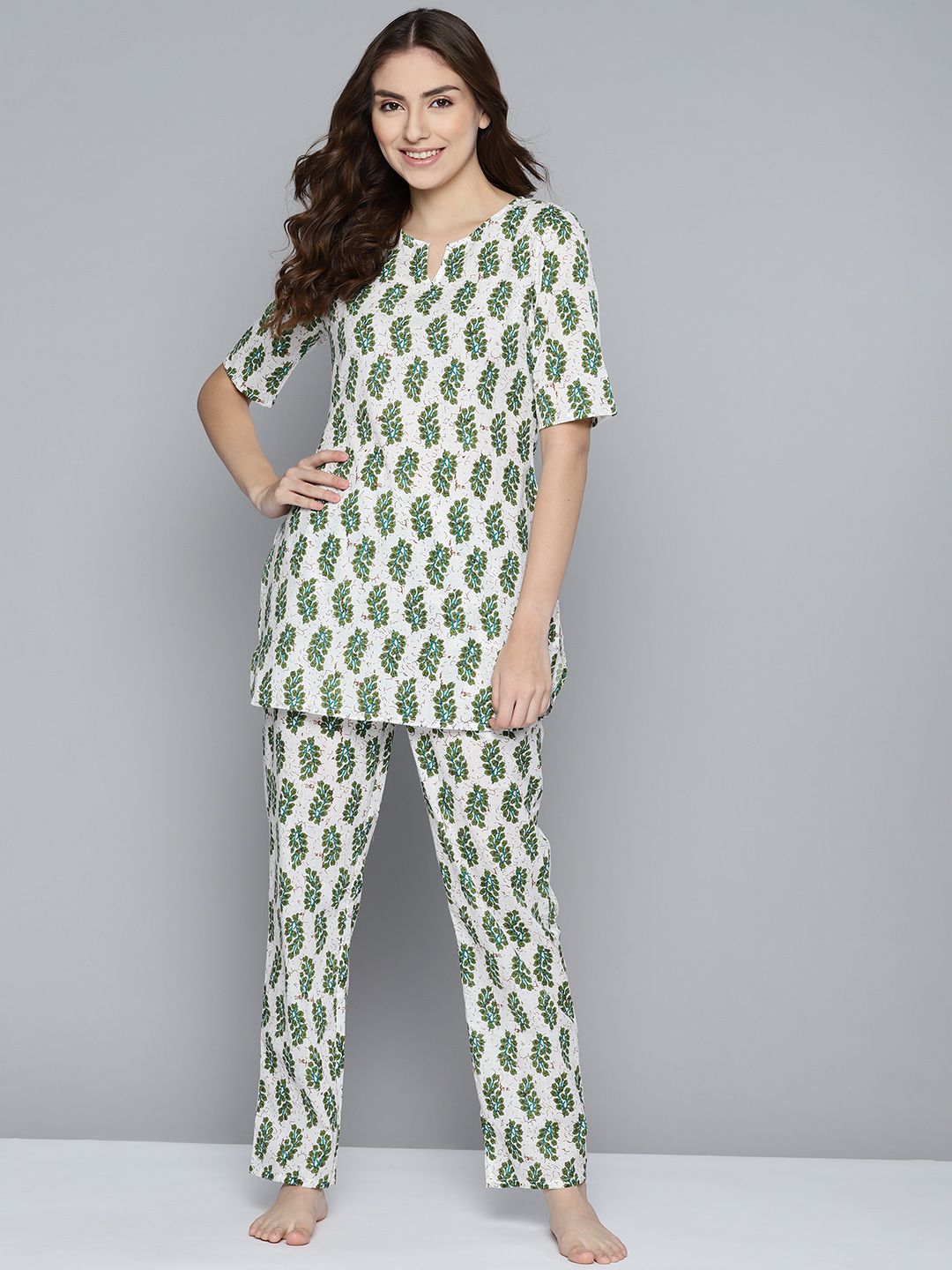 HERE&NOW Women White & Green Printed Pure Cotton Night suit Price in India