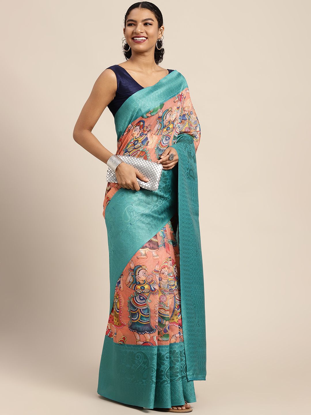 Silk Land Peach-Coloured & Blue Kalamkari Zari Pure Silk Saree