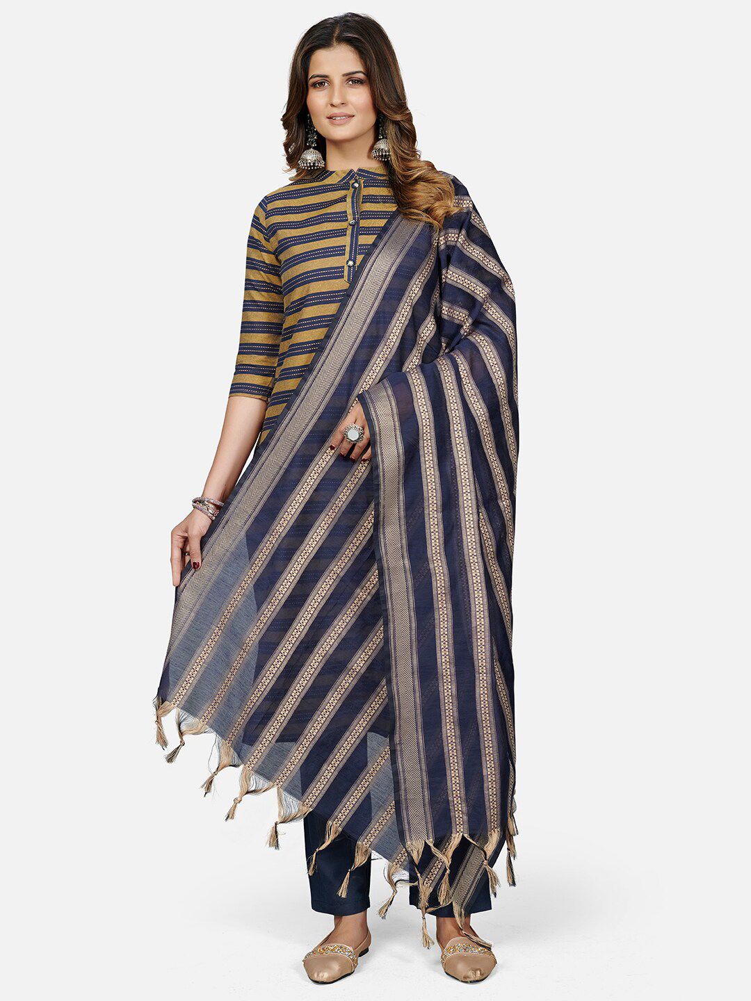 Vbuyz Navy Blue & Beige Ethnic Motifs Woven Design Art Silk Dupatta