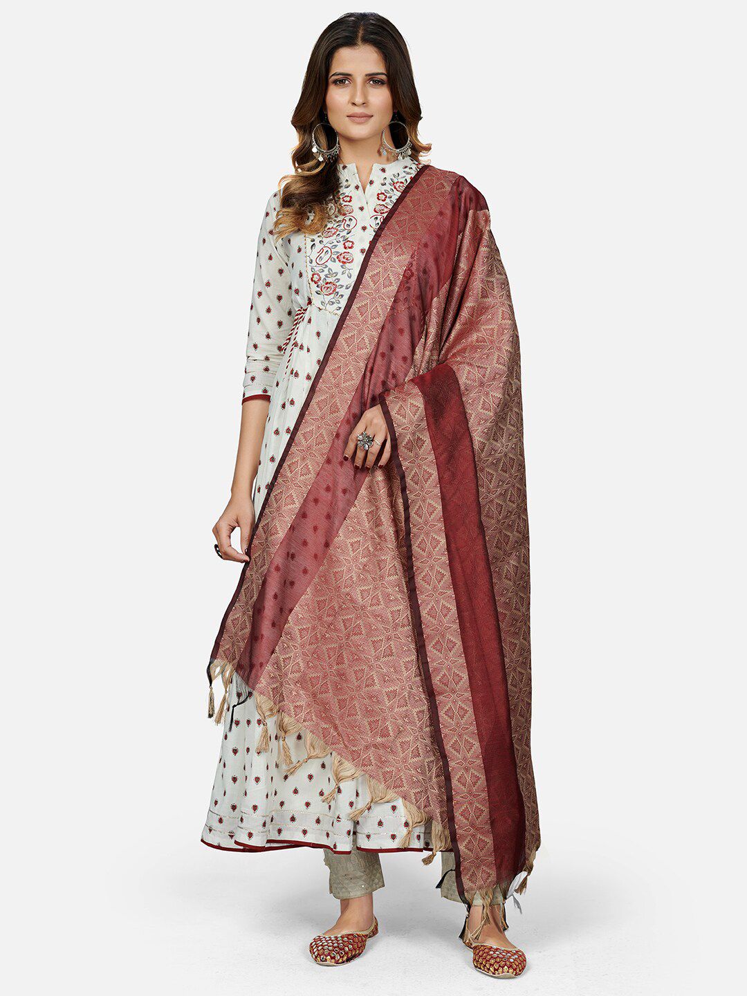 Vbuyz Maroon & Beige Woven Design Art Silk Dupatta Price in India
