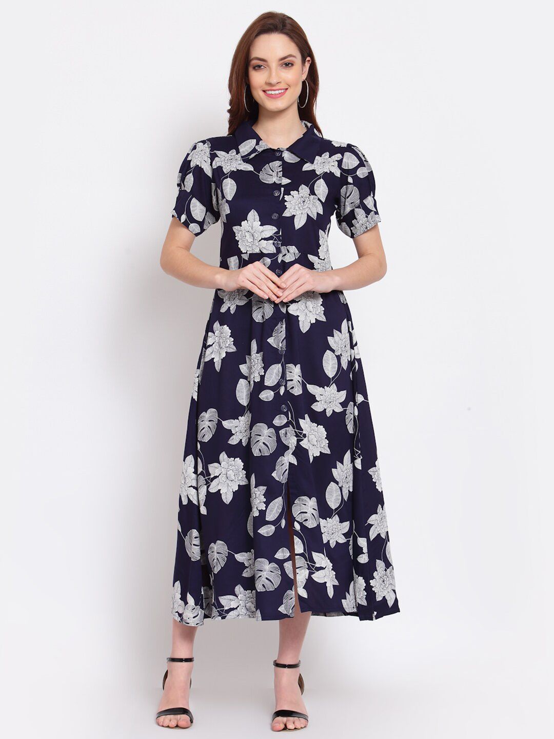 Myshka Women Navy Blue Floral Midi Dress Price in India