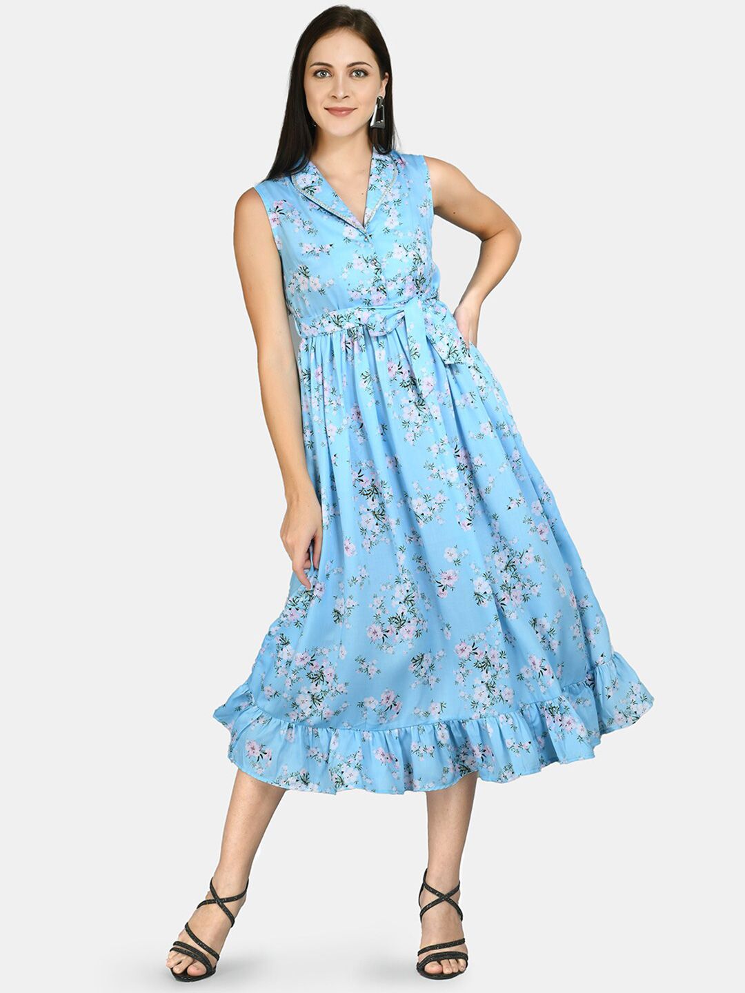 Myshka Women Blue Floral Midi Dress Price in India