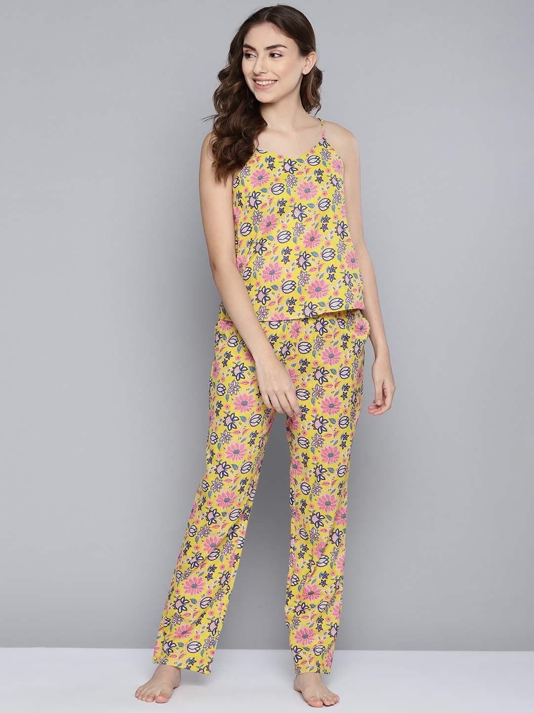 HERE&NOW Women Yellow & Blue Printed Pure Cotton Night suit Price in India