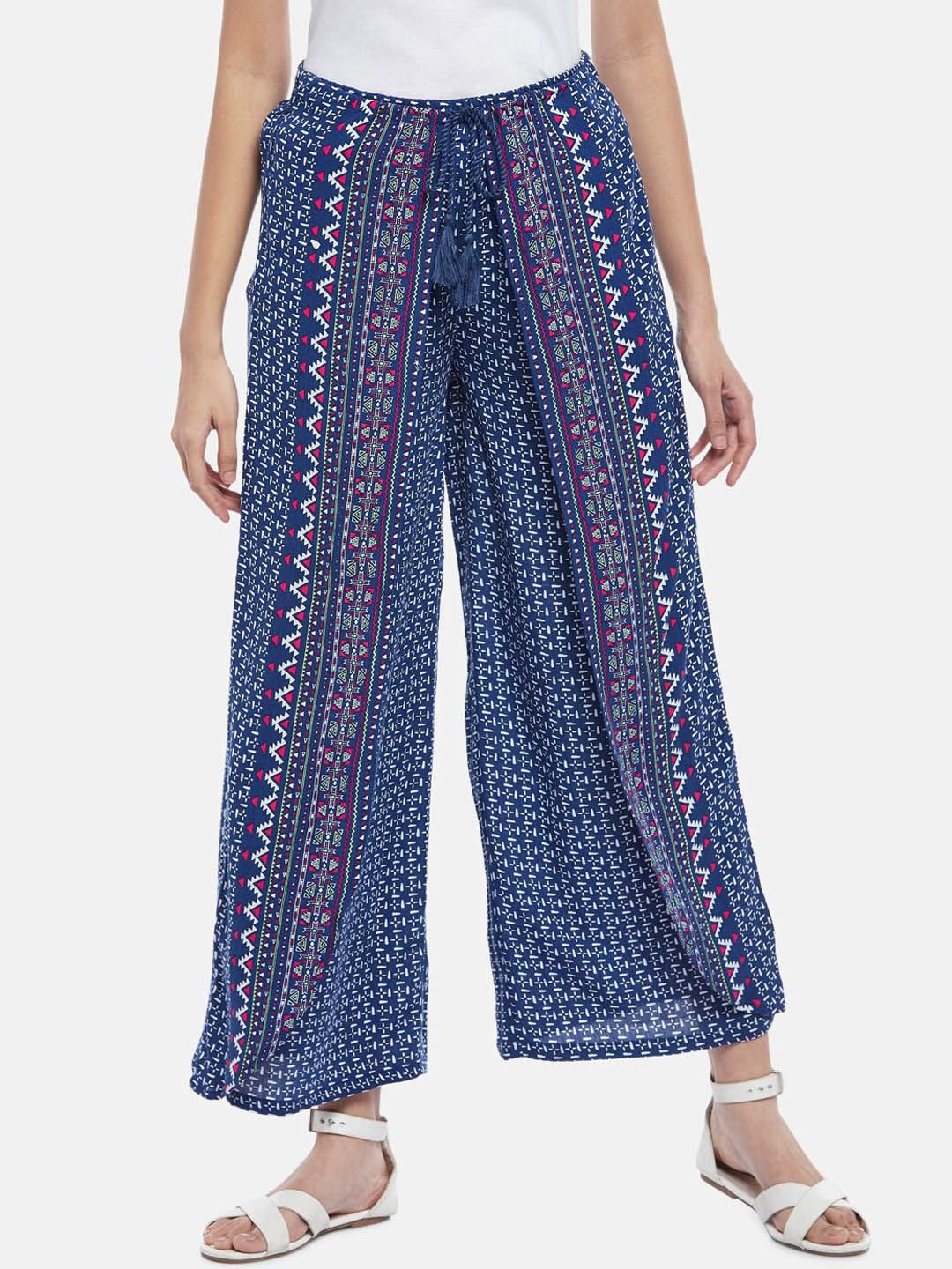 People Women Navy Blue Printed Trousers Price in India