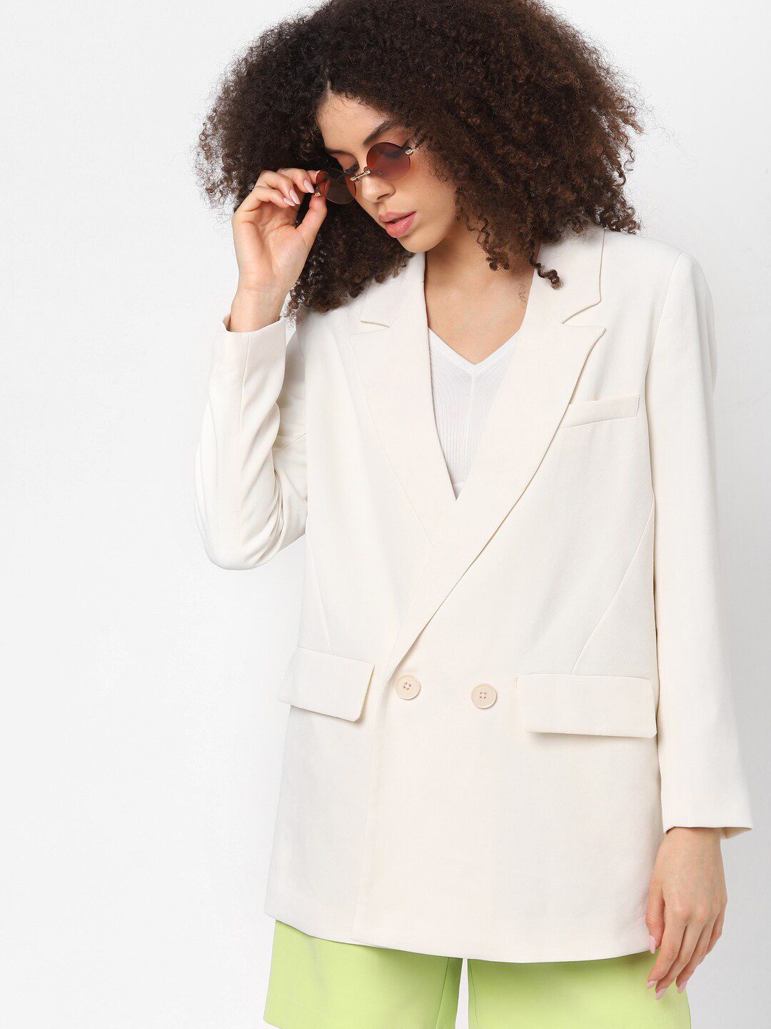 ONLY Women Off White Solid Double- Breasted Casual Blazer Price in India