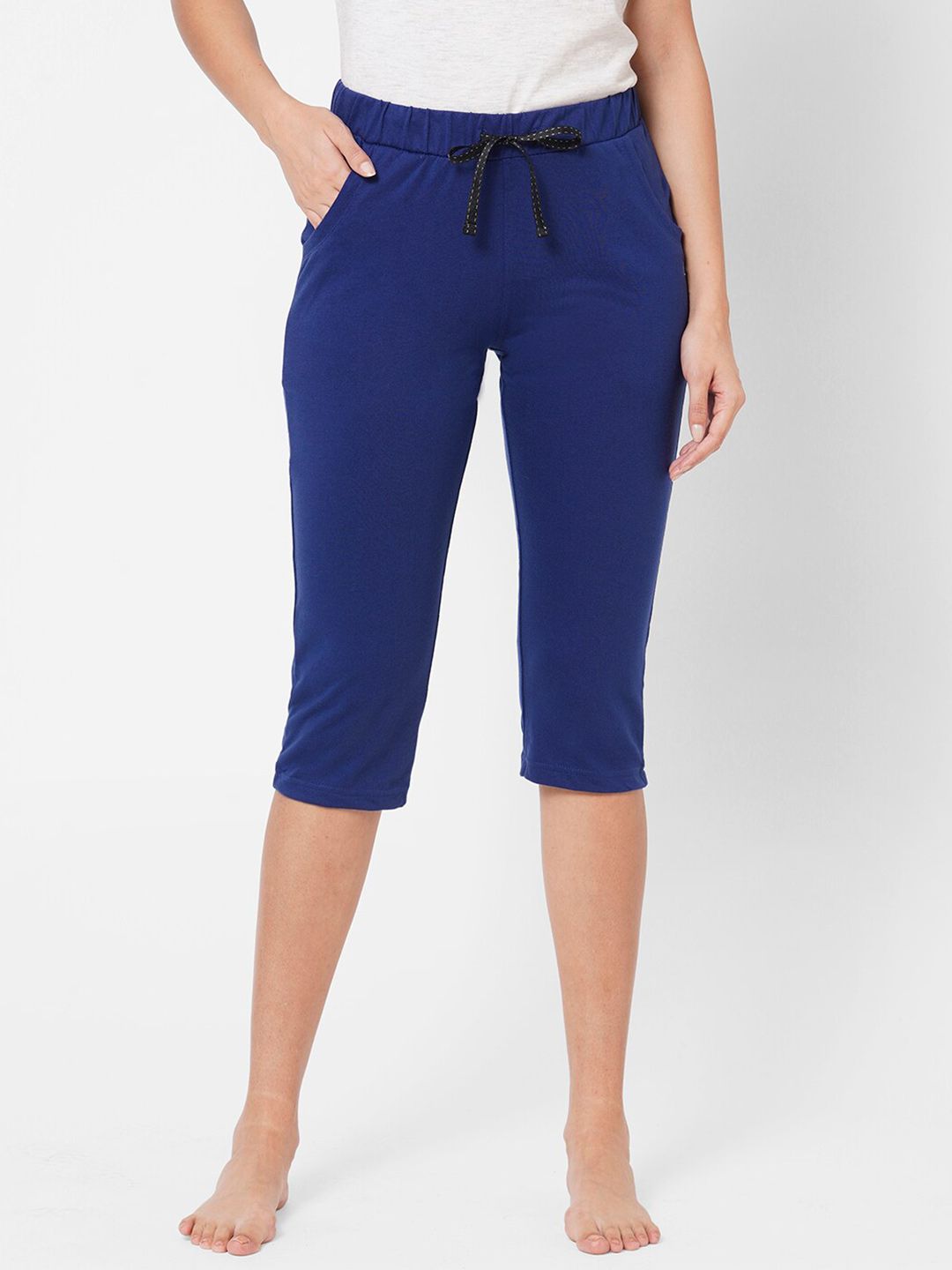 Sweet Dreams Women Blue Solid Cotton Lounge Capris Price in India