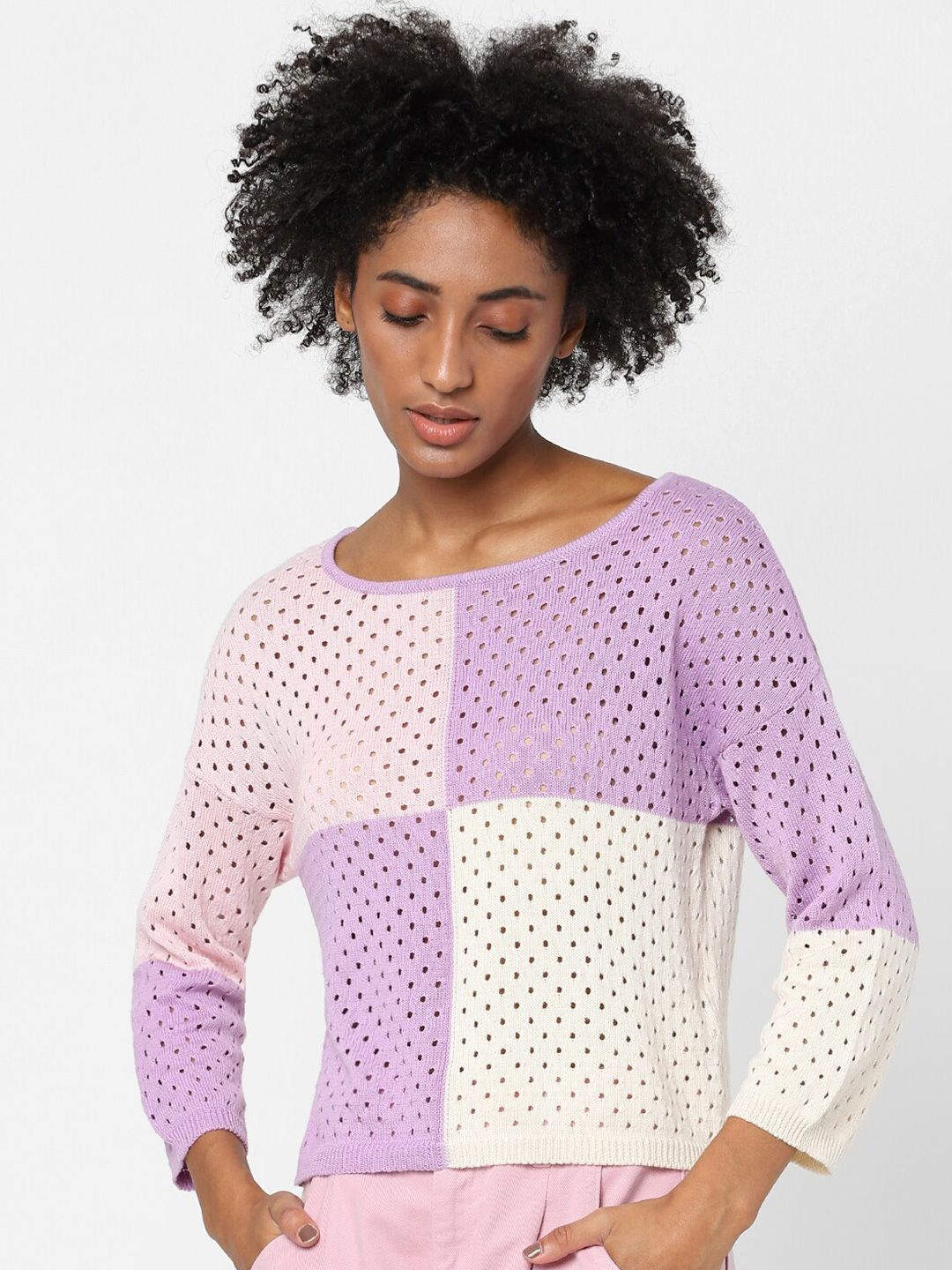 ONLY Women Lavender & White Pullover Price in India