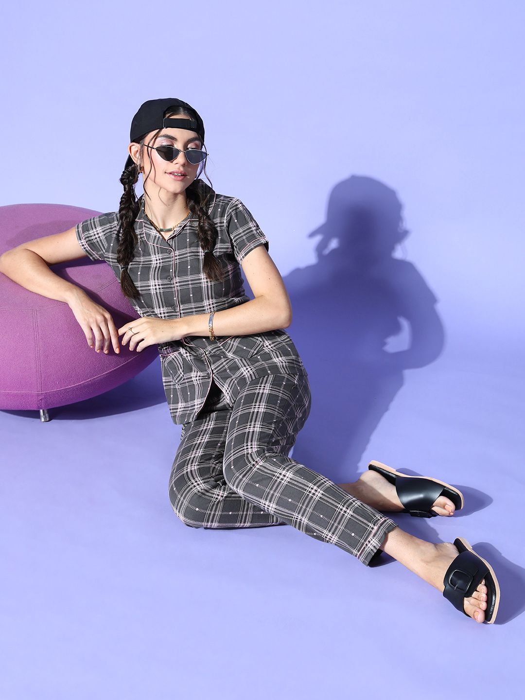 Sweet Dreams Women Grey Checked Sleep Staple Night Suit Price in India