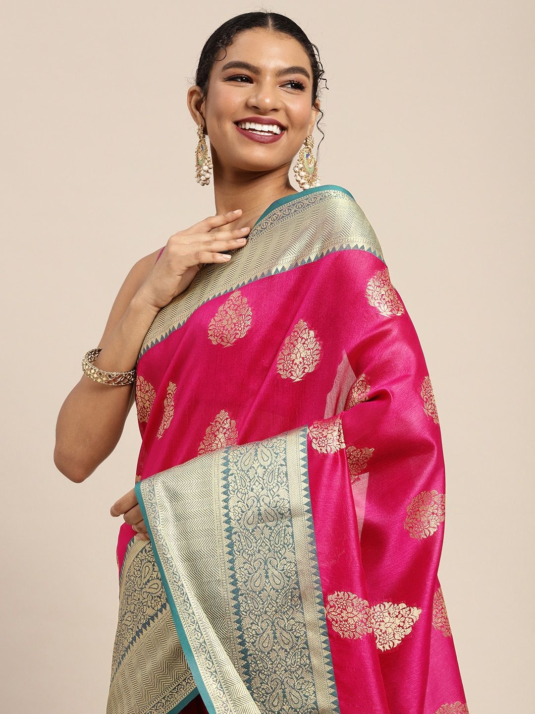 Silk Land Pink & Golden Ethnic Motifs Zari Banarasi Saree Price in India