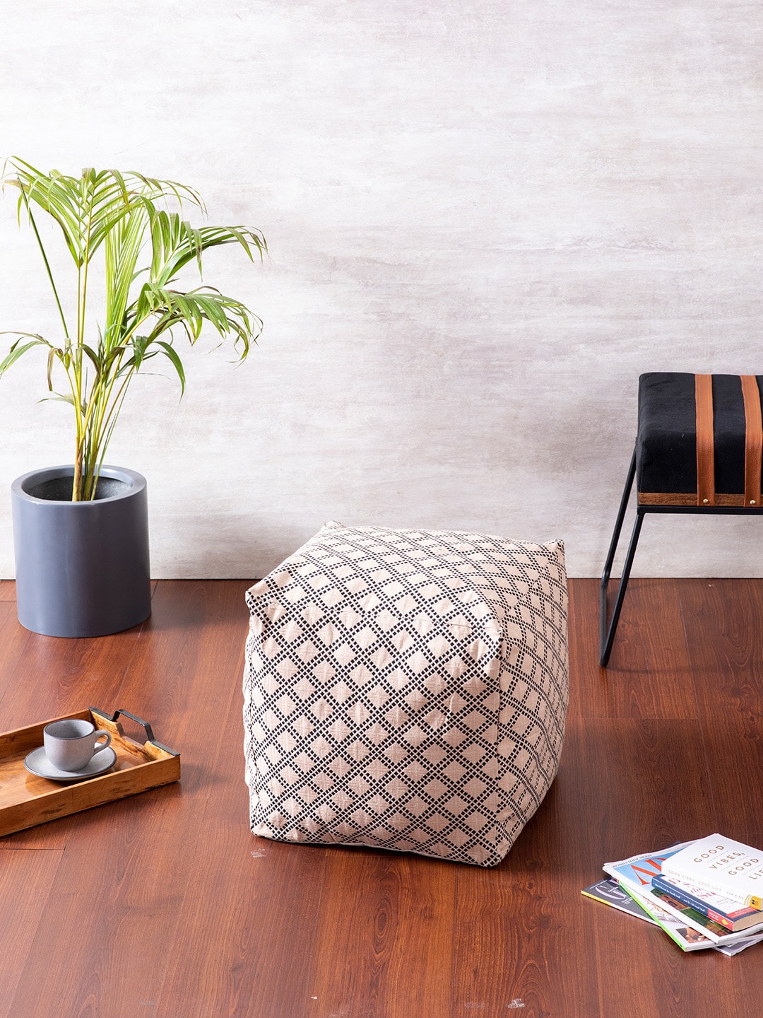nestroots Beige & Black Printed Cube Cotton Ottoman Price in India