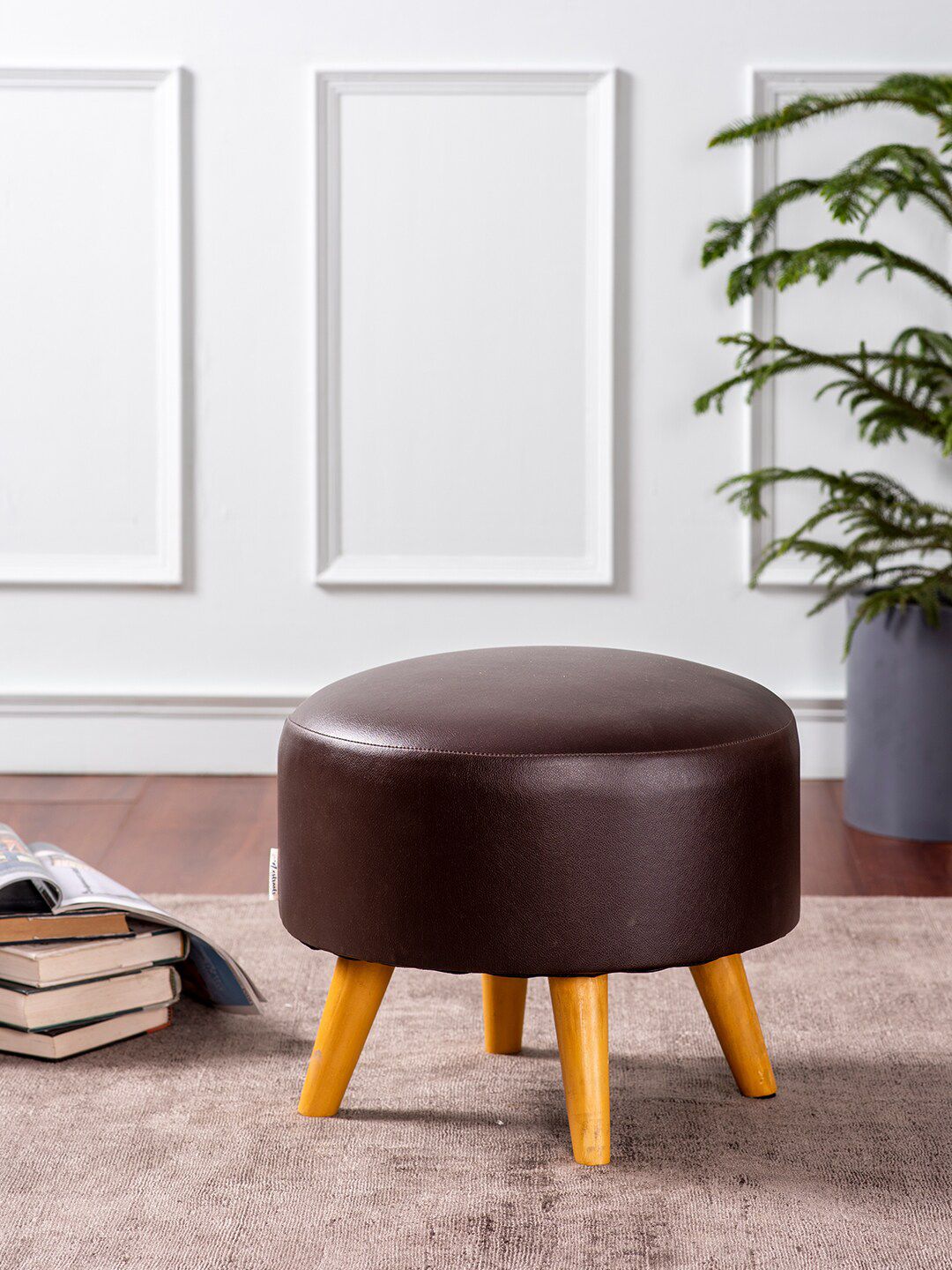 Nestroots Brown Solid Round Ottoman Price in India